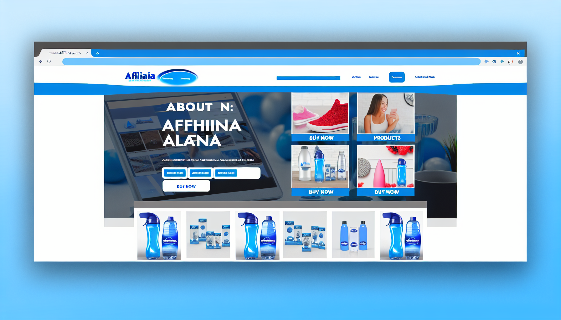 Ein digitales Design für eine Website namens 'affiliarena', das schlank und modern ist. Das Farbschema besteht hauptsächlich aus Blau und Weiß. Die Startseite zeigt große, ansprechende Bilder verschiedener Produkte, die in einem klaren Rasterformat angeordnet sind. Unter jedem Produkt befindet sich ein 'Jetzt kaufen'-Button. Oben gibt es ein Banner mit dem Logo der Website auf der linken Seite und einer Suchleiste auf der rechten Seite. Navigationslinks für Abschnitte wie 'Über uns', 'Produkte', 'Bewertungen' und 'Kontakt' sind direkt unter dem Banner platziert.