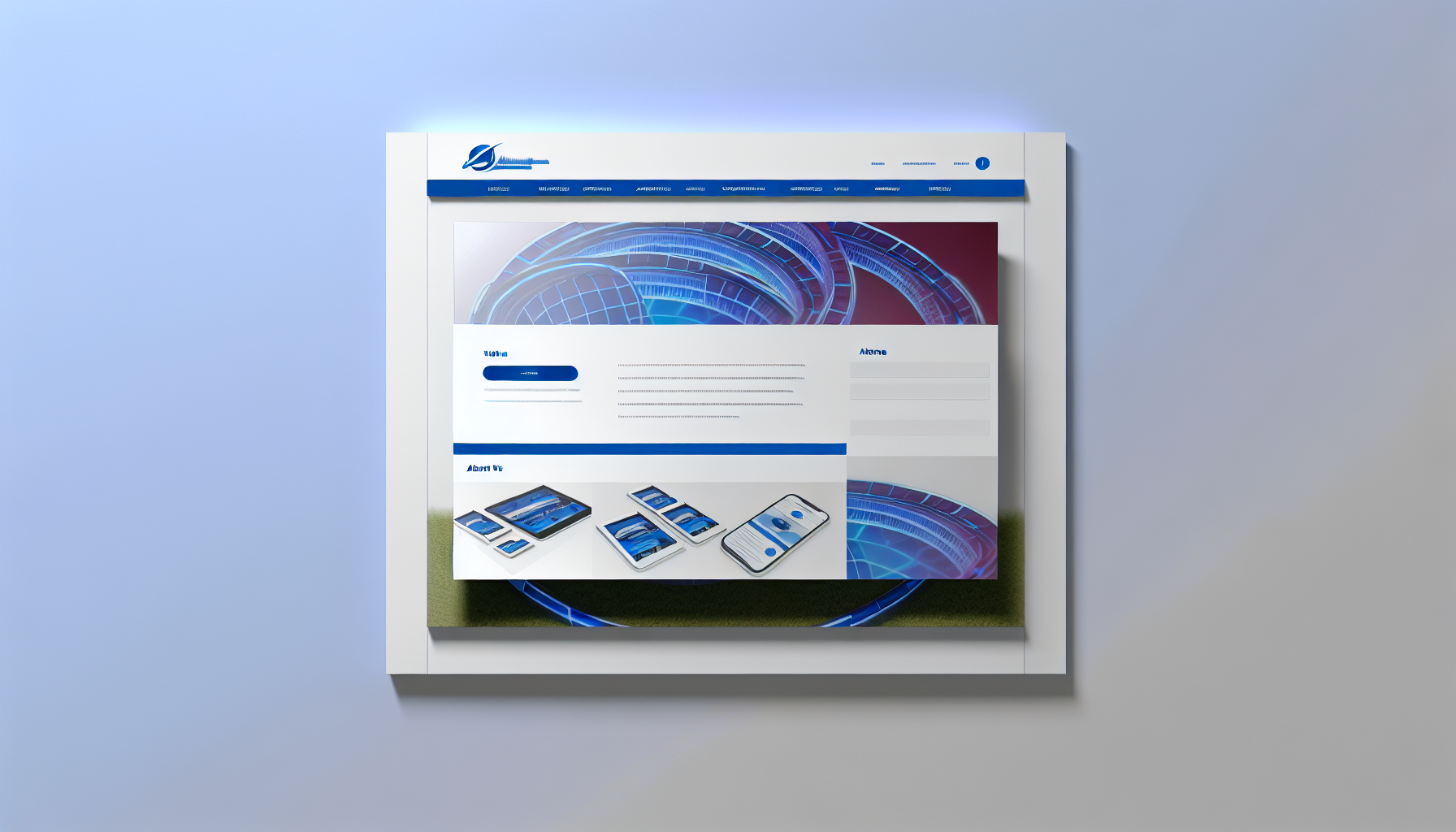 Erstellen Sie ein Bild eines konzeptionellen Layouts für eine Website namens 'AffiliArena'. Das Layout sollte sauber und einfach sein, mit Elementen wie einem Logo in der oberen linken Ecke, einer Navigationsleiste oben mit verschiedenen Kategorien wie 'Startseite', 'Über uns', 'Dienstleistungen', 'Kontakt'. Unter der Navigationsleiste sollte ein großes Karussell mit hochwertigen Bildern zu Themen des Affiliate-Marketings enthalten sein. Das Farbschema der Website sollte eine Mischung aus lebhaften Blau- und Weißtönen sein, um sie attraktiv und professionell zu gestalten.