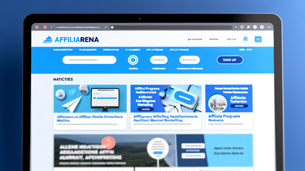 Fiktive Website-Homepage für Affiliarenan—nHeader-Bereich:n- Logo: Oben links, modern und minimalistisch, in kühlen Blautönen. Navigationsleiste: Rechts…
![Affiliarena: Die Plattform für Affiliate-Marketing-Profis