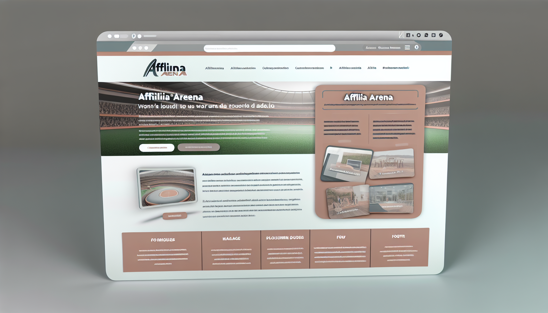 Ein illustratives Bild einer Website-Startseite, die den Text 'AffiliaArena' anzeigt. Die Startseite ist mit einem zeitgemäßen Gefühl gestaltet und verwendet eine ruhige, gedämpfte Farbpalette. Der Kopfbereich zeigt eine Navigationsleiste mit verschiedenen Kategorien. Unter dem Kopfbereich befindet sich ein Präsentationsbereich mit ansprechenden multimedialen Inhalten. Beim Herunterscrollen werden weitere Abschnitte sichtbar, die sich auf verschiedene Produkte/Dienstleistungen konzentrieren, die von der Seite angeboten werden. Der Fußbereich enthält Kontaktinformationen und Symbole für soziale Medien. Das gesamte Designlayout ist professionell und benutzerfreundlich, was die Besucher einlädt, mehr zu erkunden.