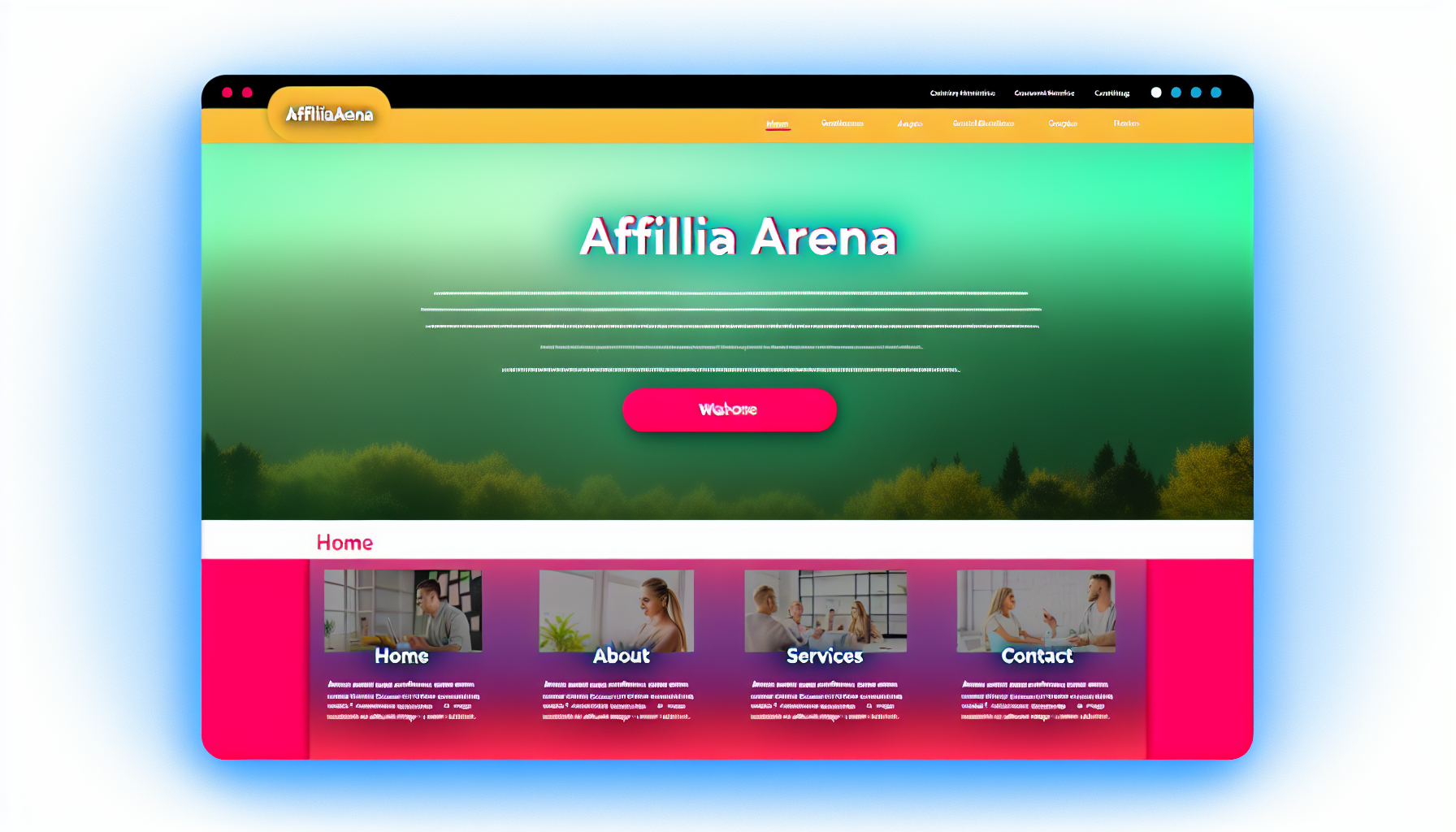 Erstellen Sie ein Bild einer fiktiven Website namens Affiliarena. Sie sollte ein sauberes, modernes Design mit hellen Farben haben. Das Layout sollte ein Hauptmenü oben enthalten mit Optionen wie Startseite, Über uns, Dienstleistungen, Kontakt. Unter dem Menü sollte ein großer Hero-Bereich mit einem ansprechenden Hintergrundbild angezeigt werden. Darunter stellen Sie Abschnitte vor, die verschiedene Dienstleistungen und Kundenbewertungen präsentieren. Am unteren Rand der Seite sollte ein ästhetisch ansprechender Footer sein, der wichtige Links und Kontaktinformationen enthält. Zeigen Sie keine personenbezogenen Daten an.