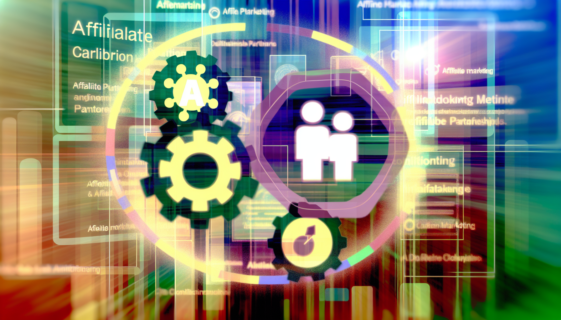 Erstellen Sie ein Bild, das ein abstraktes Konzept zeigt und die Essenz einer lebendigen Online-Plattform für Affiliate-Marketing widerspiegelt. Fügen Sie Elemente hinzu, die symbolisch für Zusammenarbeit, Internet-Marketing und profitable Partnerschaften stehen, und platzieren Sie diese vor einem ansprechenden, dynamischen Hintergrund.