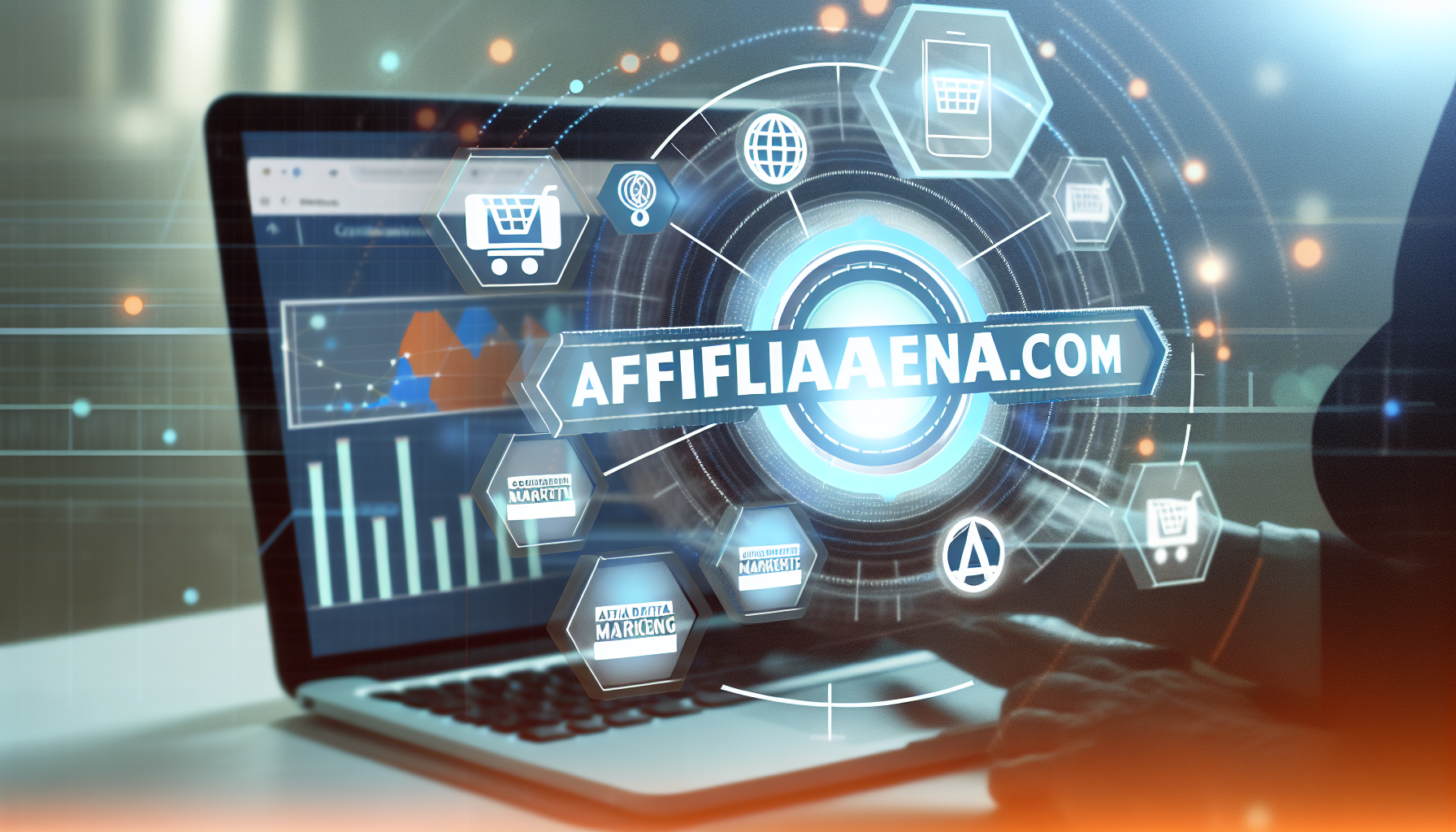 Gestalten Sie die visuelle Darstellung für eine hypothetische Website namens 'affiliarena.com'. Die Website konzentriert sich auf Affiliate-Marketing, wo Vermarkter Produkte finden können, die sie bewerben möchten. Das Bild sollte eine moderne digitale Plattform mit einer intuitiven Benutzeroberfläche, einem Navigationspanel und dynamischen Marktdiagrammen darstellen. Darüber hinaus sollten Elemente integriert werden, die Zusammenarbeit, digitales Marketing und Erfolg symbolisieren. Überlagern Sie den Website-Namen prominent oben, wobei Sie einen eleganten und modernen Schriftstil verwenden, und halten Sie sich an eine Farbpalette aus kühlen Tönen wie Blau und Grau, die mit wärmeren Tönen wie Orange oder Gelb ausgeglichen wird.