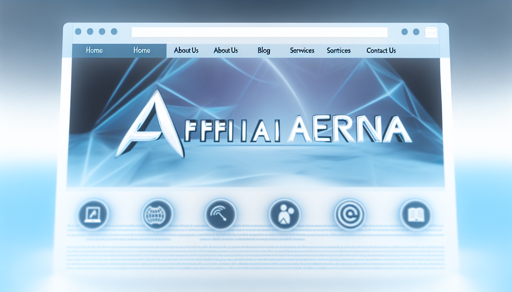 Ein konzeptionelles Bild einer modern gestalteten Website-Startseite. Das Wort 'Affiliarena' ist prominent in der Mitte in fetter, stilisierter Schriftart dargestellt. Der Hintergrund ist ein Farbverlauf aus eisigen Blau- und Weißtönen, der das Gefühl von hochmoderner Technologie vermittelt. Umher verteilt sind Symbole, die die Hauptfunktionen der Website darstellen, wie ein Blogging-Symbol, ein Affiliate-Marketing-Symbol und ein SEO-Strategie-Symbol. Eine Navigationsleiste oben enthält Links zu Seiten wie 'Startseite', 'Über uns', 'Blog', 'Dienstleistungen' und 'Kontakt'.
