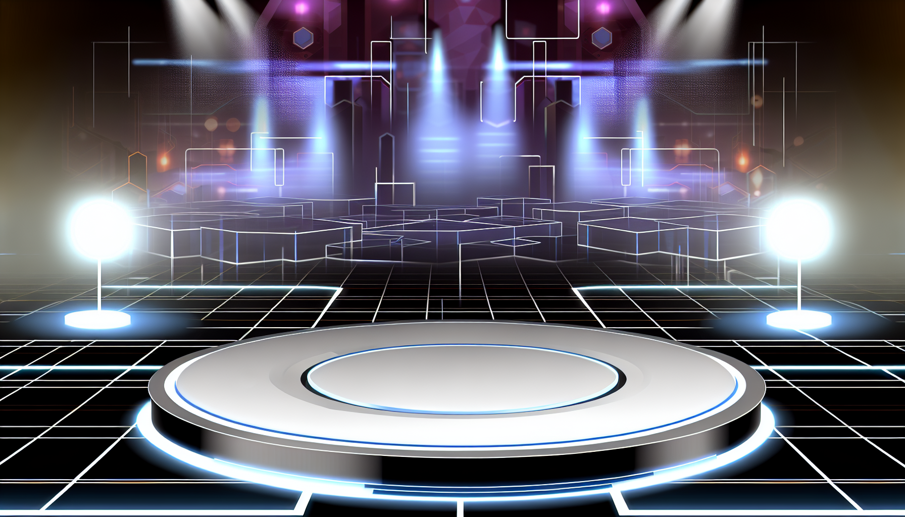 Ein Bild einer modernen, digitalen Landschaft, die das Konzept einer Arena verkörpert. Der Hintergrund zeigt ein abstraktes, hochmodernes Design mit leuchtenden Neon-Elementen und futuristischen Gebäuden. Im Vordergrund befindet sich eine große, kreisförmige Plattform, die eine Bühne oder ein Schlachtfeld symbolisiert. Die Plattform wird von starken Scheinwerfern beleuchtet, die kontrastreiche Schatten erzeugen. Obwohl dies eine unspezifische Umgebung ist, kann sie mit Online-Wettbewerbsveranstaltungen, digitalen Konferenzen oder virtuellen Gaming-Turnieren assoziiert werden.