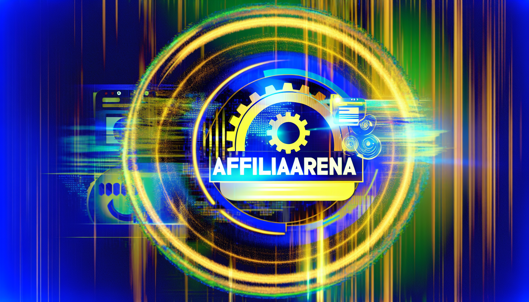 Erstellen Sie ein Bild, das ein stilvolles und modernes Website-Logo darstellt, das den Namen 'affiliarena.com' trägt. Es sollte hauptsächlich Bilder von digitalem Marketing und Affiliate-Partnerschaften enthalten. Verwenden Sie lebendige Blau- und Grüntöne, um Wachstum und Wohlstand zu symbolisieren, mit einem Hauch von goldenen Nuancen, die Erfolg und Belohnung darstellen. Um all dies herum fügen Sie einen dynamischen kreisförmigen Rand hinzu, der eine technikaffine Ausstrahlung vermittelt. Bitte betrachten Sie dies als abstrakte Idee und nicht als spezifische Designanfrage.