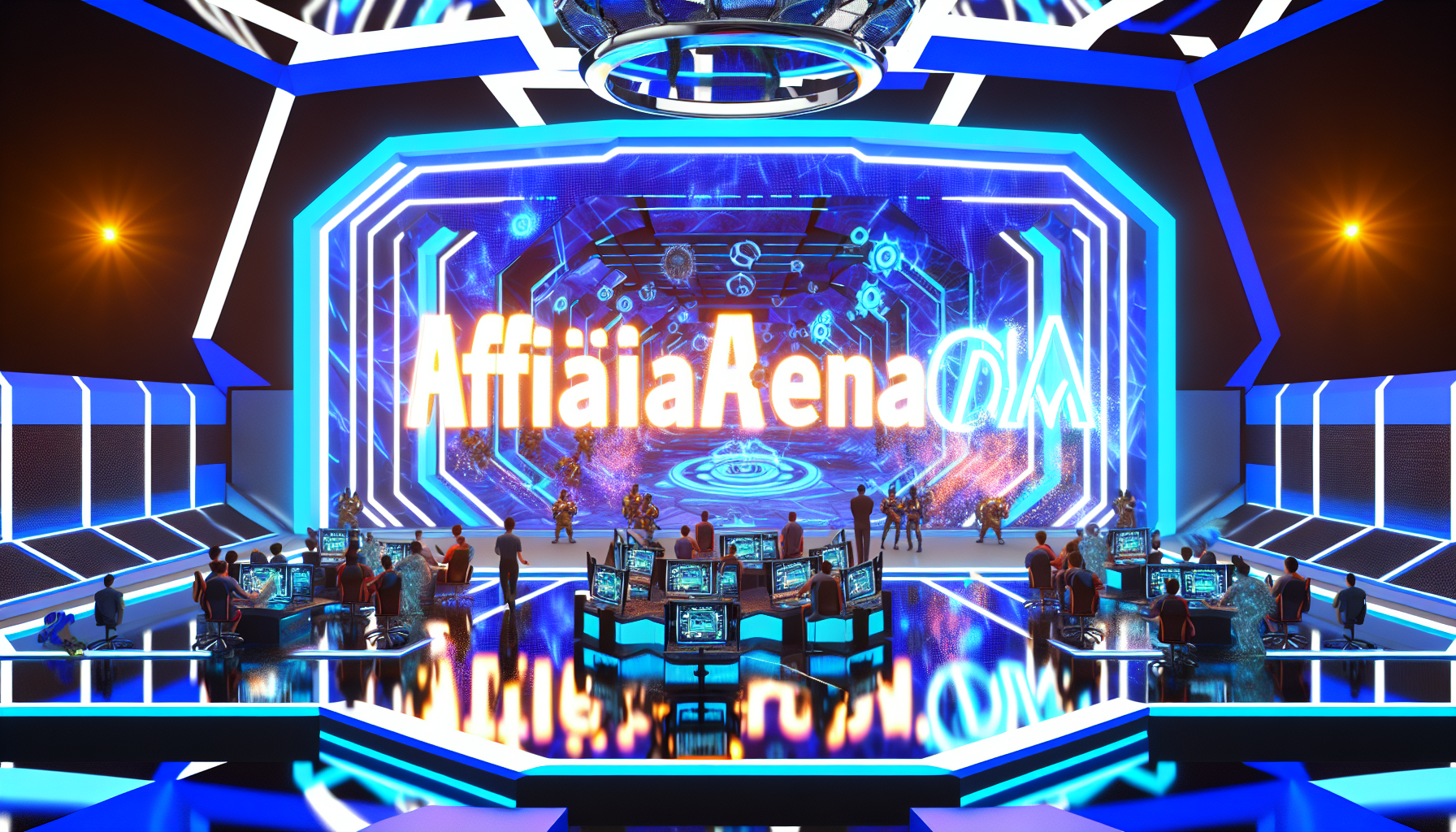 Erstellen Sie ein Bild einer Szene, die eine potenzielle Website namens 'affiliarena.com' darstellt. Die Szene ist ein futuristisches Schlachtfeld, das mit neonblauen Akzenten und chromatischen Reflexionen gefüllt ist. Die Arena sollte hochmodern erscheinen, mit einem abstrakten Layout, das mit innovativer Virtual-Reality-Ausrüstung ausgestattet ist. Eine vielfältige Gruppe von Männern und Frauen bedient die Ausrüstung und konkurriert begeistert im E-Sport. Die Atmosphäre sollte elektrisierend sein, mit virtuellen Funken, die in der Luft fliegen, und Arena-Projektionen, die Statistiken und Daten anzeigen. In der Mitte der Szene fügen Sie Text in einer fetten, energetischen Schriftart mit leuchtenden Buchstaben ein, der 'affiliarena.com' liest.