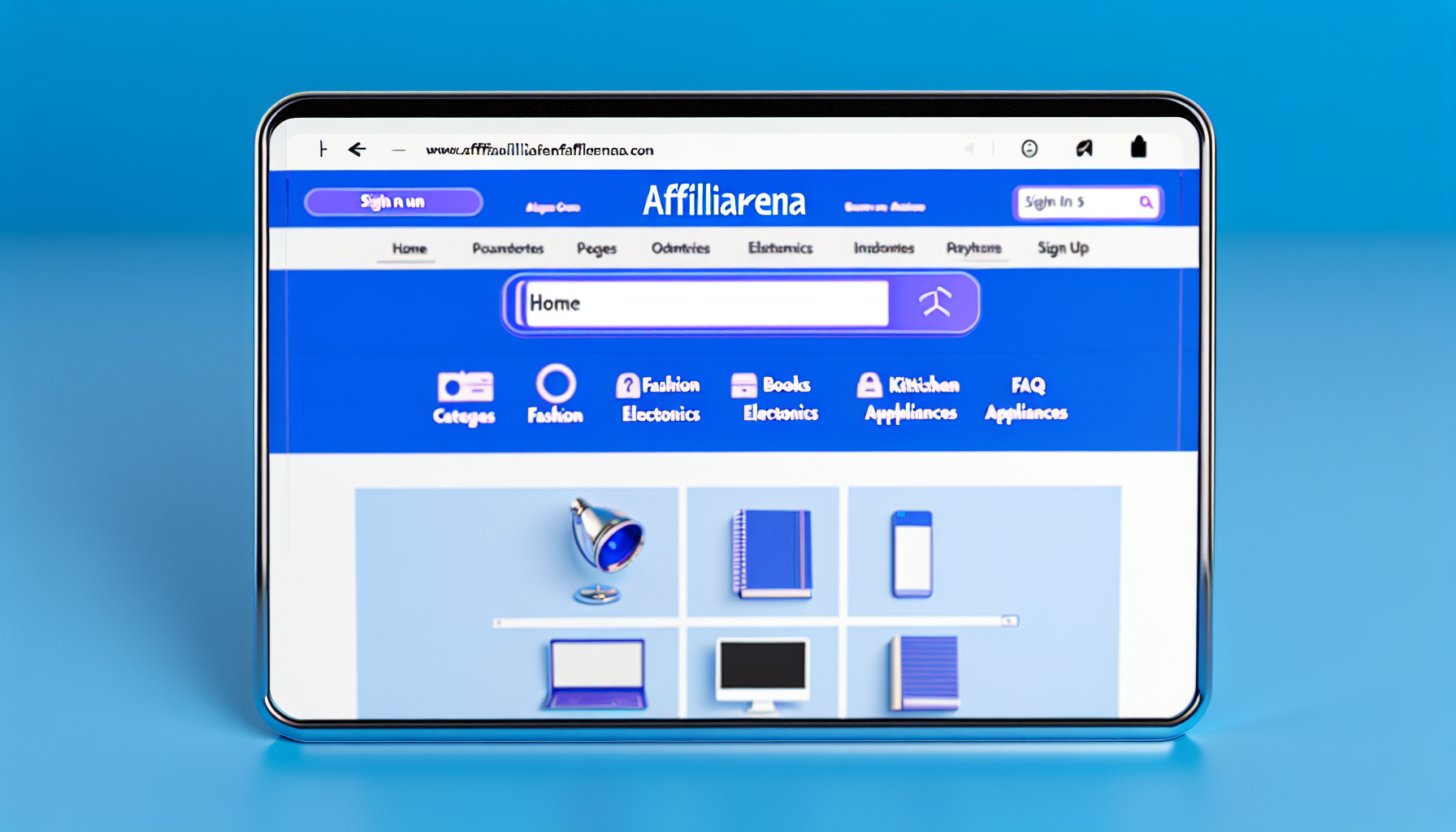 Erstellen Sie ein Bild einer imaginären Website-Startseite. Der Name der Website ist 'AffiliArena'. Sie hat ein blau-weißes Farbschema. Der Hauptbereich der Website enthält eine Suchleiste in der Mitte, sowie verschiedene Kategorien wie 'Mode', 'Elektronik', 'Bücher' und 'Küchengeräte', die in einem Rasterformat darunter angeordnet sind. Oben auf der Startseite befinden sich klickbare Schaltflächen, die zu Seiten wie 'Startseite', 'Über uns', 'Kontakt' und 'Häufige Fragen' führen. Außerdem gibt es einen Bereich zum Anmelden und Registrieren in der oberen rechten Ecke der Seite.
