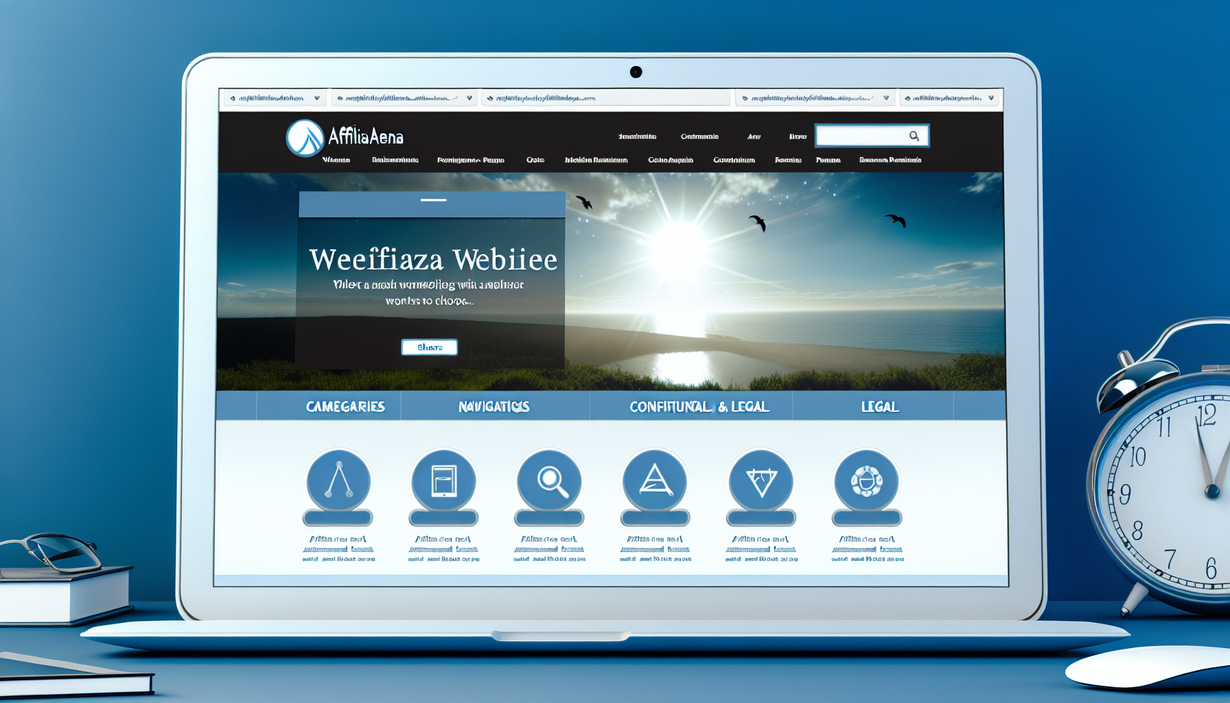 Visualisieren Sie eine Website mit dem Namen 'affiliarena.com'. Das Gesamtdesign sollte modern und elegant sein und eine Farbpalette aus kühlen Blau- und Weißtönen ergänzen. Die Startseite sollte verschiedene Kategorien anzeigen, die jeweils durch unterschiedliche Symbole repräsentiert werden. Im oberen Teil der Seite befindet sich das Logo auf der linken Seite und das Navigationsmenü auf der rechten Seite. In der Mitte gibt es eine Suchleiste. Ein inspirierendes Stockfoto dient als Hintergrund des Website-Layouts. Subtile Animationen und Seitenübergänge sollten auf ein responsives Design hinweisen. Unten sollte ein Footer mit Links zu vertraulichen und rechtlichen Informationen vorhanden sein.