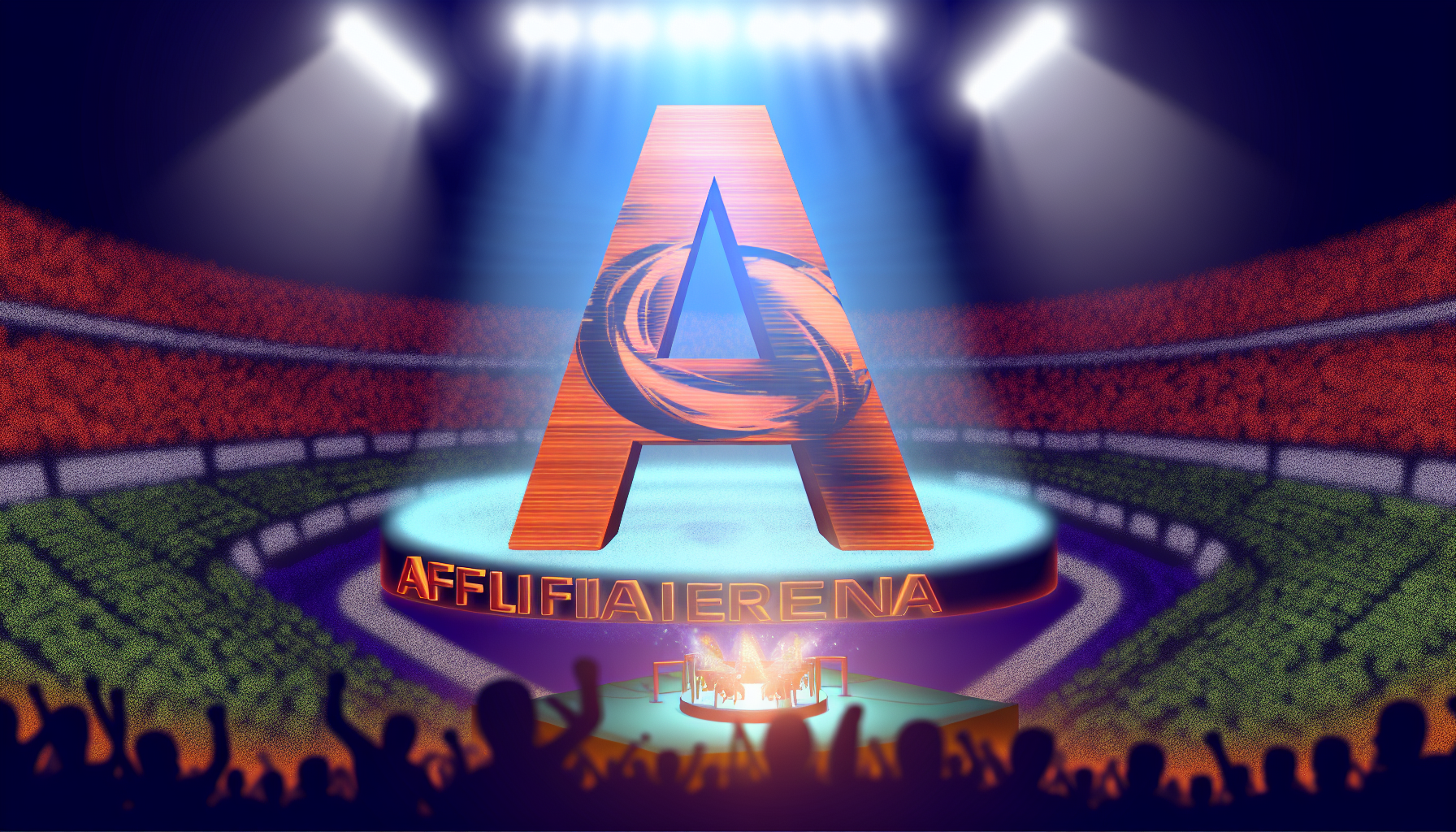 Ein digitales Kunstwerk, das das Konzept einer Website namens 'AffiliArena' visualisiert. Die Komposition umfasst ein großes, stilisiertes 'A' in der Mitte, das so gestaltet ist, dass es eine Arena oder ein Stadion repräsentiert, beleuchtet von Scheinwerfern. Stellen Sie sich eine jubelnde Menge vor, die Internetnutzer aus der ganzen Welt repräsentiert und ein spannendes Match zwischen Influencer-Marketing-Profis verfolgt. Die Szene ist voller Farben und Energie, symbolisch für die dynamische Welt des Online-Marketings.