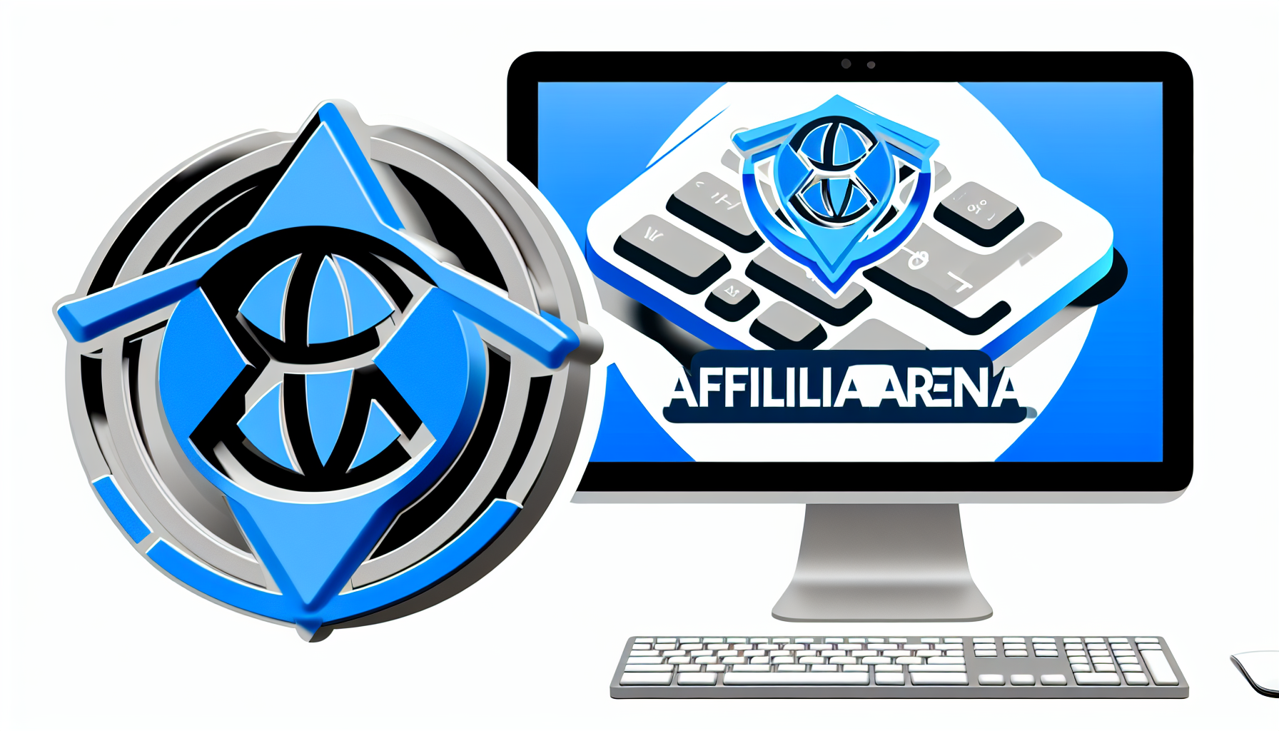 Erstellen Sie ein Bild, das das Logo einer imaginären Online-Plattform namens 'Affiliarena' zeigt. Es sollte ein modernes und digitales Gefühl vermitteln und Elemente wie die Tastatur eines Computers und einen stilisierten Globus integrieren. Die Hauptfarben sollten Blau- und Silbertöne sein, um ein elegantes, technikaffines Erscheinungsbild zu erzeugen.