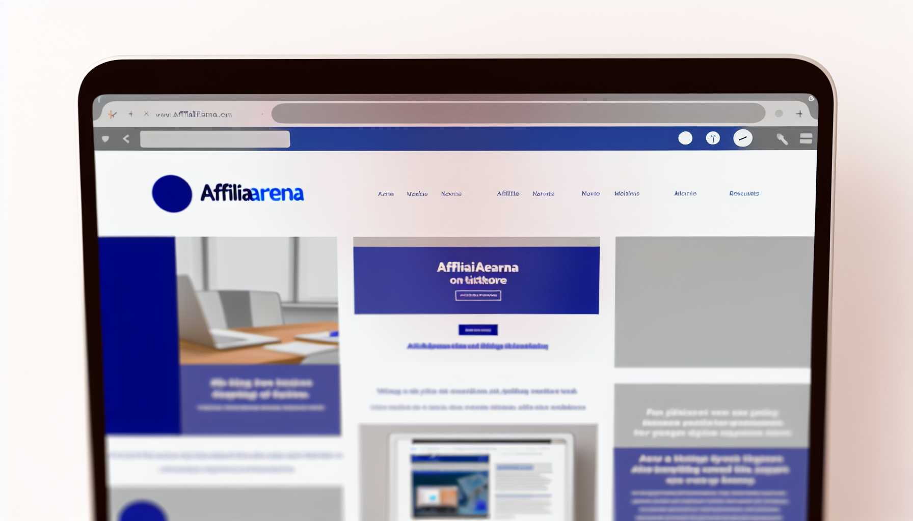 Erstellen Sie ein Bild einer Website-Startseite mit dem Domainnamen 'affiliarena.com'. Die Website sollte ein modernes Design haben, mit einer Navigationsleiste oben, einem großen Hero-Bild mit einem Titel-Overlay und mehreren Abschnitten darunter, die Artikel und Ressourcen zum Thema Affiliate-Marketing anzeigen. Verwenden Sie ein Farbschema aus sanften Weißtönen, Grautönen und Akzenten in königsblau.