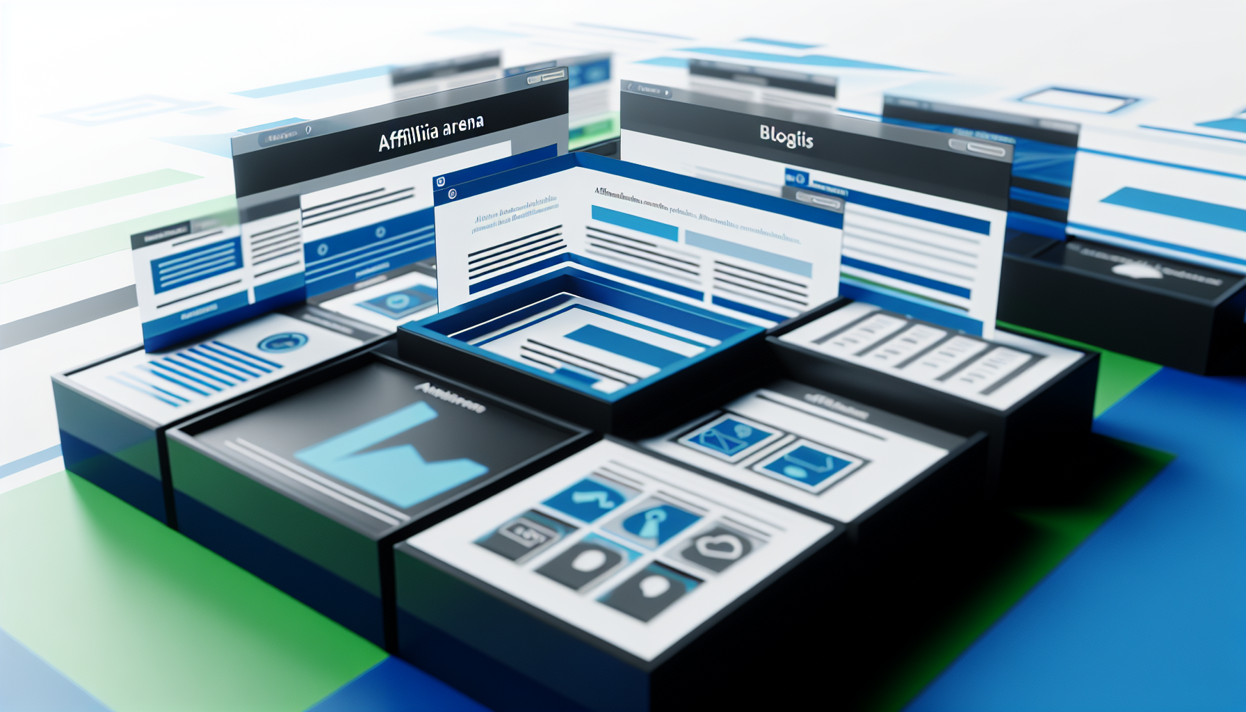 Gestalten Sie eine abstrakte Darstellung einer voll funktionsfähigen digitalen Plattform namens 'Affiliarena'. Stellen Sie sich eine saubere, hochmoderne Benutzeroberfläche mit verschiedenen Registerkarten und Werkzeugen vor, die den Benutzern Komfort bieten. Die Plattform sollte eine Vielzahl von Funktionen bieten, wie Blogs, Tutorials, Ressourcen für Affiliate-Marketing und ein Forum für Diskussionen. Das Farbschema sollte aus kühlen Blautönen, Schwarz und Akzenten in leuchtendem Grün bestehen, um den Fortschritt und die Produktivität, die mit der Plattform verbunden sind, darzustellen.