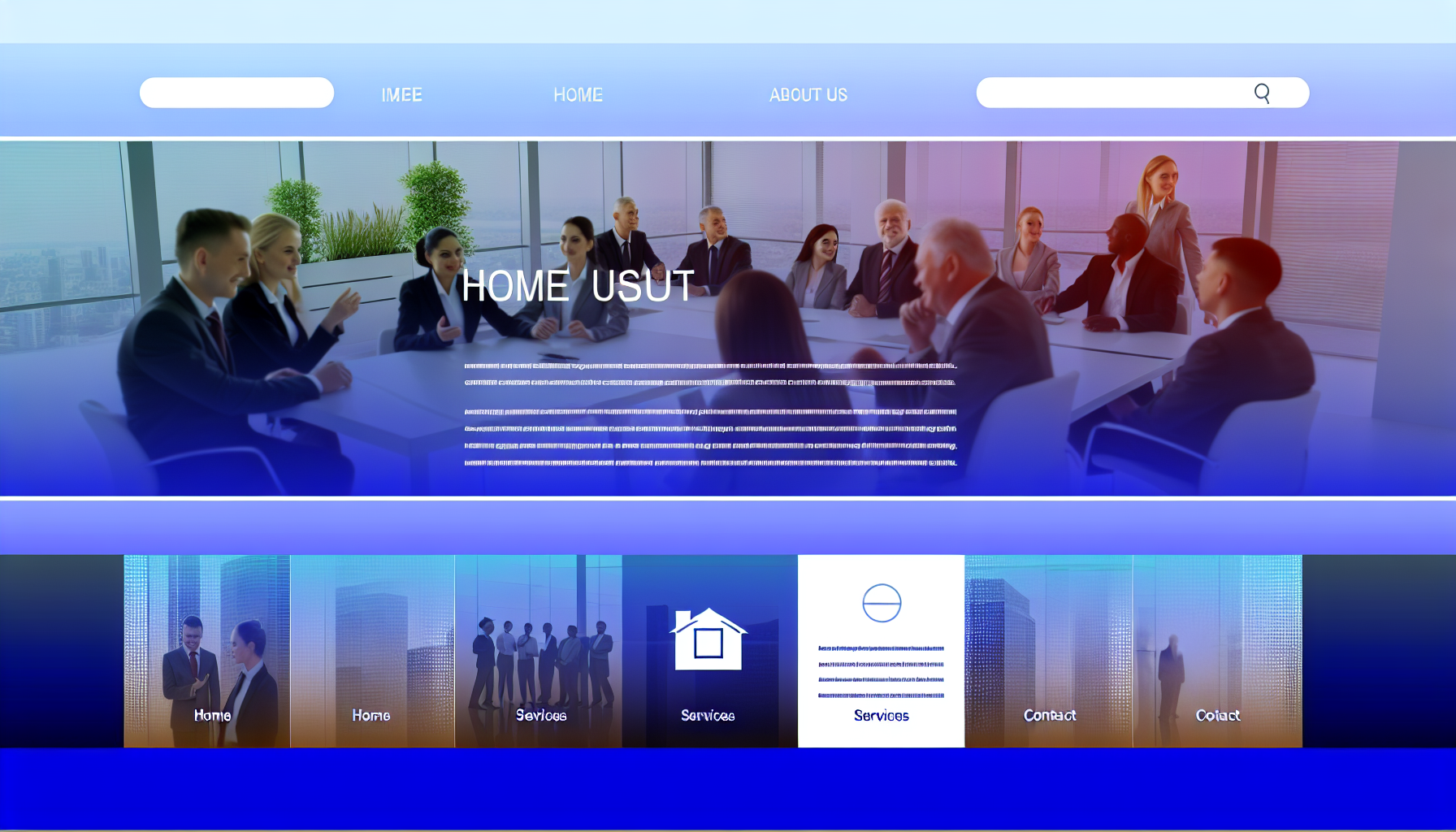 Ein Bild, das eine moderne und professionelle Website darstellt. Der Hintergrund ist in Farbverläufen von Blau gehalten. Am oberen Rand des Bildes befindet sich eine weiße Navigationsleiste mit mehreren Kategorien wie 'Startseite', 'Über uns', 'Dienstleistungen', 'Kontakt'. Der Hauptbereich enthält ein großes Bannerbild, das eine Collage von verschiedenen Fachleuten zeigt, die an einem Geschäftstreffen teilnehmen. Das Banner ist mit einer großen Überschrift in fetter weißer Schrift überlagert. Unter dem Banner befinden sich Abschnitte, die eine kurze Beschreibung des Unternehmens, deren Dienstleistungen und Testimonials von Kunden anzeigen.