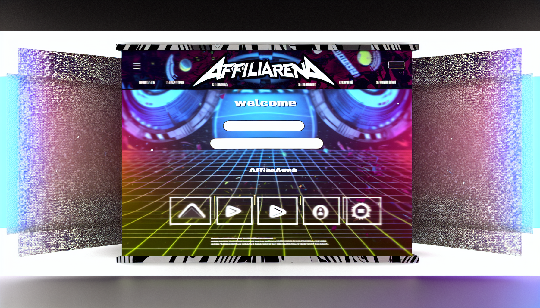 Eine visuelle Darstellung einer digitalen Weltraumlandschaft, in der das Banner einer fiktiven Website namens 'AffiliArena' auffällig hervorsticht. Das Banner zeigt eine fette, stilisierte Schriftart auf einem Hintergrund, der mit kontrastierenden und lebhaften Farben durchzogen ist. Unter dem Banner begrüßt eine klare, gut organisierte Menüleiste die Nutzer mit einladenden klickbaren Optionen. Das Website-Thema strahlt Modernität und technisches Know-how aus, kombiniert mit einer benutzerfreundlichen Atmosphäre. Das gesamte Setting ist ergonomisch, futuristisch und ansprechend, um ein fesselndes Nutzererlebnis zu gewährleisten.