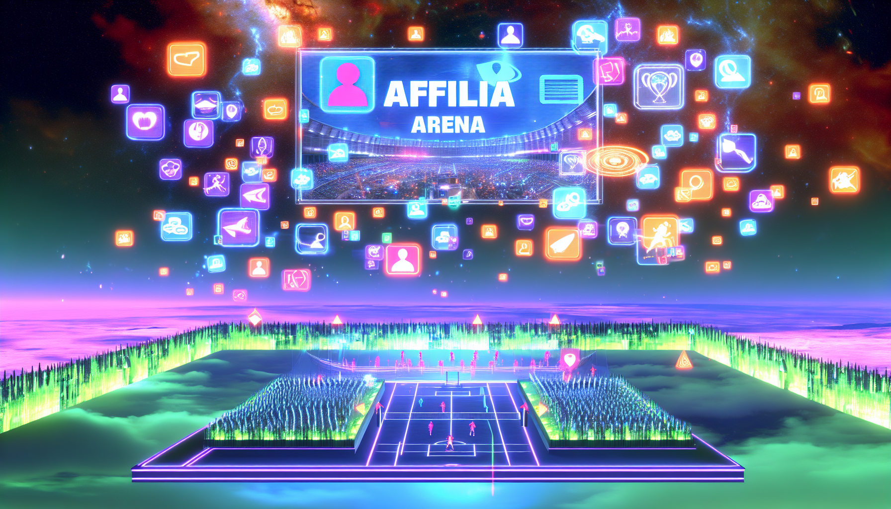 Erstellen Sie eine digitale Illustration einer hypothetischen virtuellen Plattform namens 'AffiliArena'. Die Umgebung sollte lebhaft und futuristisch sein, dominiert von leuchtenden Neonfarben und gefüllt mit digitalen Symbolen und Avataren, die Benutzerprofile repräsentieren. Fügen Sie eine Vielzahl von epischen Gaming- und dynamischen Sportelementen hinzu, die auf ein großartiges Wettkampfszenario hindeuten, und schaffen Sie den Eindruck großer virtueller Arenen für Veranstaltungen. Der Himmel ist eine atemberaubende kosmische Landschaft, gefüllt mit schwebenden holografischen Werbeanzeigen und Punkteständen. Stellen Sie sicher, dass der Text 'AffiliArena' auf einem großen digitalen Billboard im Hintergrund zu sehen ist.