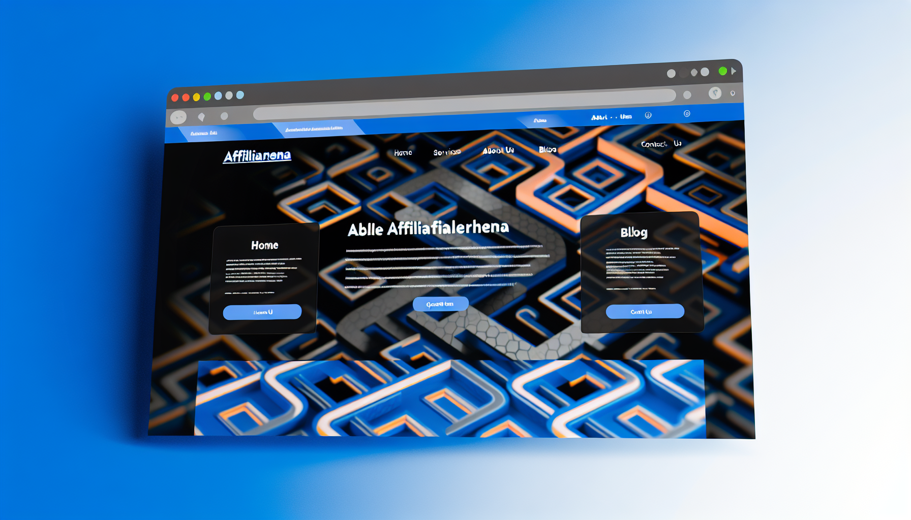 Erstellen Sie ein Bild einer modernen, hochmodernen Website-Startseite. Diese Website ist für eine einflussreiche Online-Plattform namens 'AffiliArena' konzipiert. Das Layout der Seite ist schlank und interaktiv, was die Besucher dazu anregt, weiter zu erkunden. Im Vordergrund dominiert ein großes, auffälliges Banner mit stilvoller Typografie, das den Namen 'AffiliArena' ankündigt. Der Hintergrund besteht aus einem lebendigen Muster aus ineinandergreifenden geometrischen Formen in verschiedenen Blautönen. Oben befindet sich eine Navigationsleiste, die Optionen zum Zugriff auf verschiedene Bereiche der Website bietet, wie 'Startseite', 'Über uns', 'Dienstleistungen', 'Blog' und 'Kontakt'.