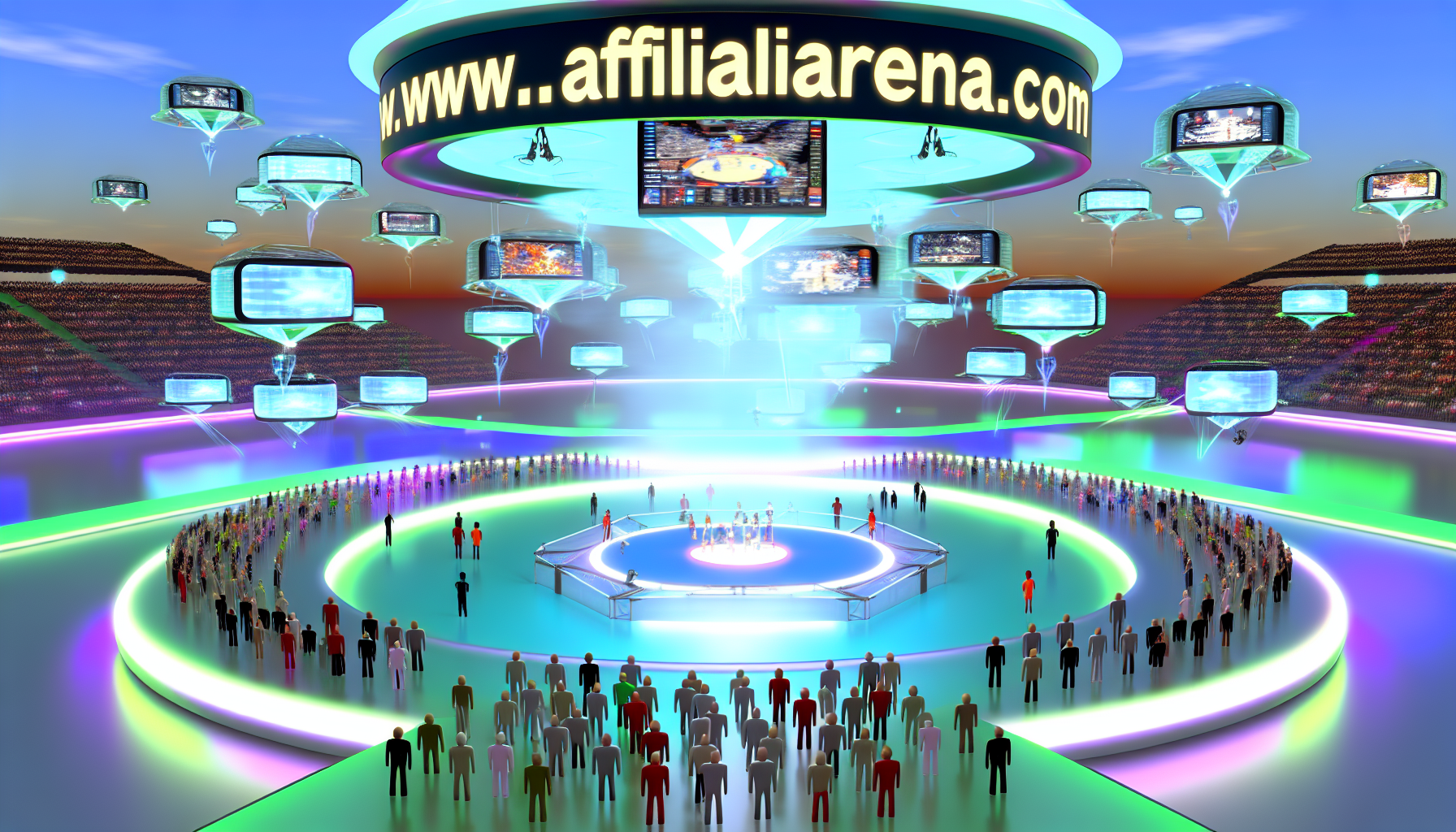 Ein illustratives digitales Bild einer futuristischen Online-Arena. In der Mitte befindet sich eine riesige kreisförmige Bühne, umgeben von leuchtenden Neonlichtern. Im Hintergrund streamen schwebende, durchsichtige holografische Bildschirme laufende Matches. Es gibt ein gut besetztes Publikum aus fiktiven Avataren unterschiedlichen Alters, Geschlechts und Aussehens. Hoch oben gleiten virtuelle Luftschiffe und zeigen verschiedene Werbung. Der Domainname 'affiliarena.com' ist auffällig in fetten, 3D-Schriftzügen in den Himmel schwebend dargestellt.