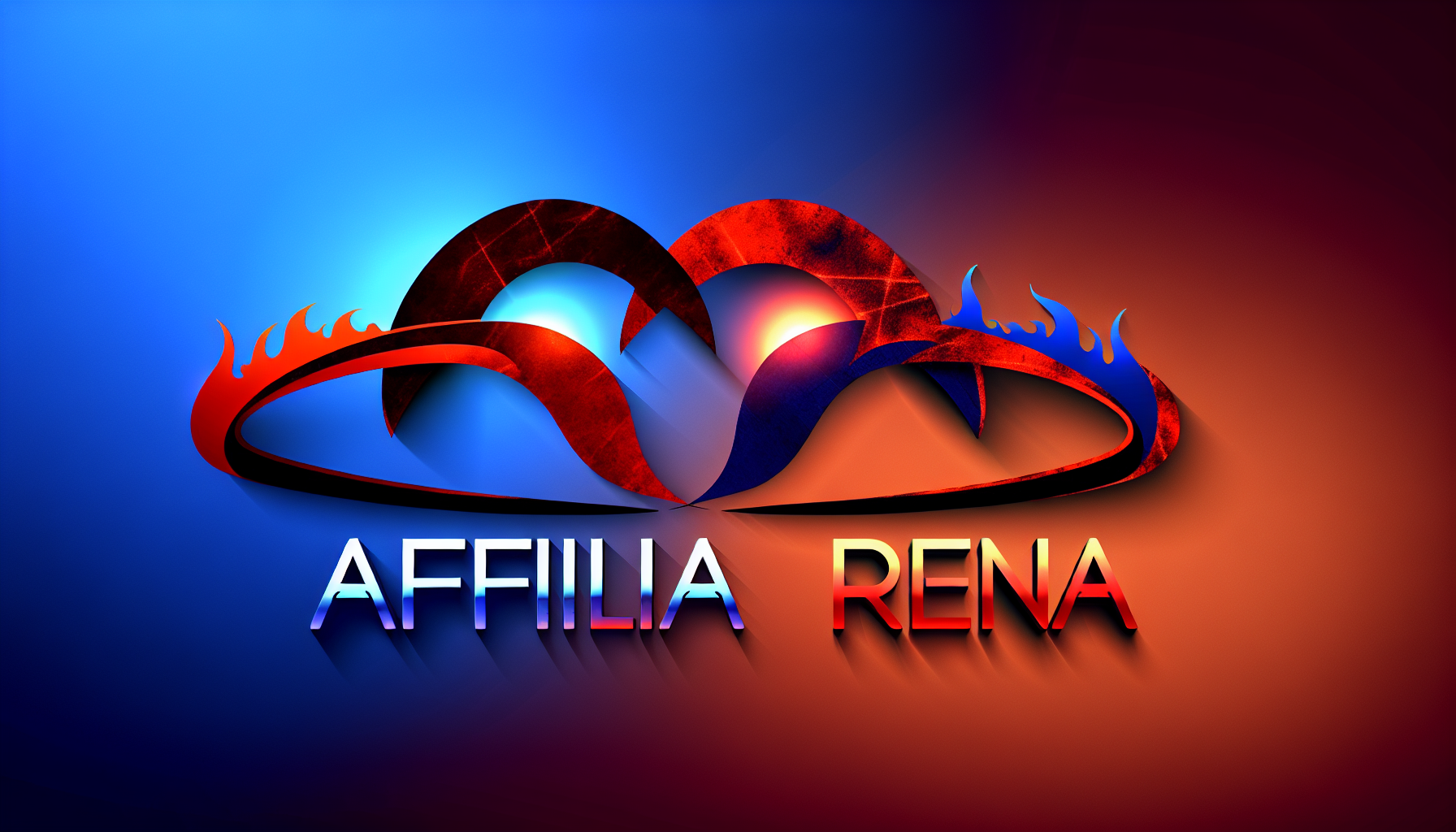 Stellen Sie sich ein komplexes Website-Logo für eine fiktive Online-Plattform namens 'AffiliArena' vor. Dieses Logo besteht aus zwei stilisierten A's, die sich miteinander verweben und eine Kampfarena bilden. Das linke A ist in feurigem Rot, aufregend und lebhaft, während das rechte A in tiefem Blau gehalten ist, ruhig und kraftvoll. Es sieht so aus, als würden sie sich in einem freundschaftlichen Duell befinden. Der Hintergrund sollte einen sanften Farbverlauf aufweisen, der zwischen den Farben der beiden A's übergeht. Darunter wird der Text 'AffiliArena' in einer modernen, eleganten Schriftart präsentiert, die mit dem Gesamtdesign harmoniert.