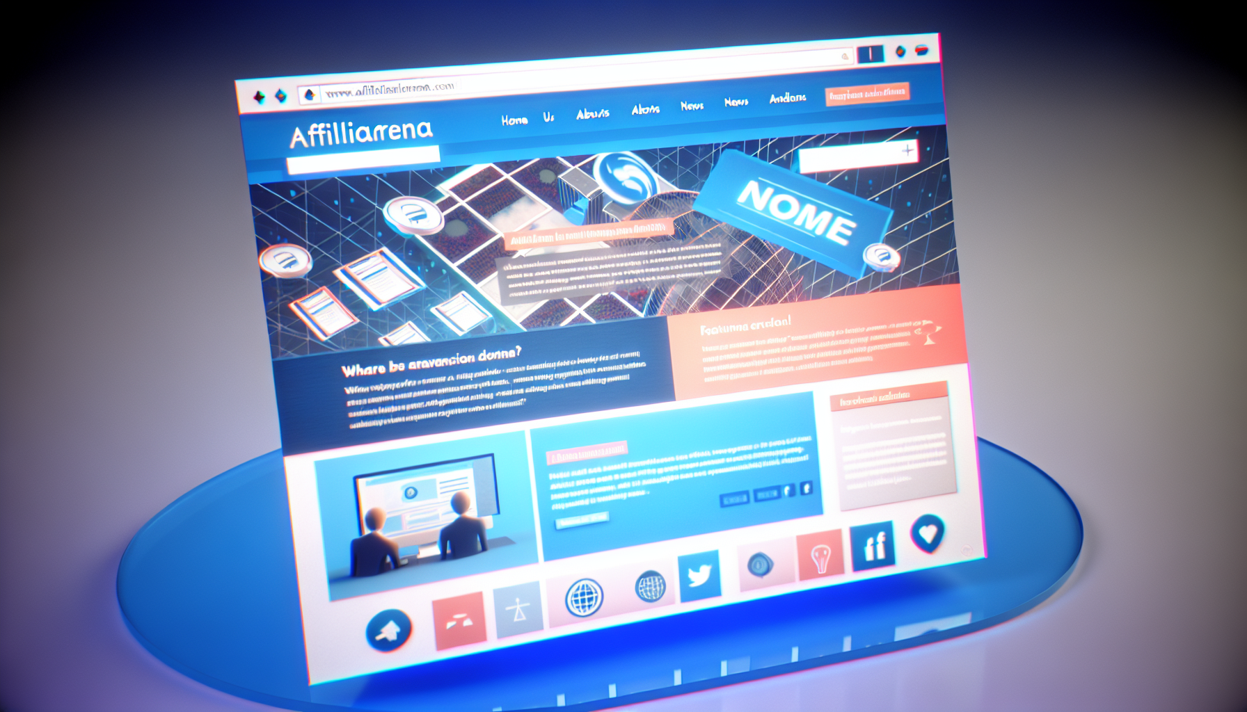 Stellen Sie sich eine zufällige, fiktive Website namens 'Affiliarena' vor. Sie hat ein modernes, elegantes Design mit einer lebendigen Farbpalette, die hauptsächlich aus Blautönen besteht. Die Startseite zeigt ein großes Banner mit einem verlockenden Handlungsaufruf. Darunter befinden sich verschiedene Abschnitte, darunter die neuesten Nachrichten, hervorgehobene Artikel und eine Liste bevorstehender Veranstaltungen. Das Navigationsmenü umfasst Optionen wie 'Startseite', 'Über uns', 'Veranstaltungen', 'Nachrichten' und 'Kontakt'. Am unteren Ende der Website befinden sich auch Icons für soziale Netzwerke.