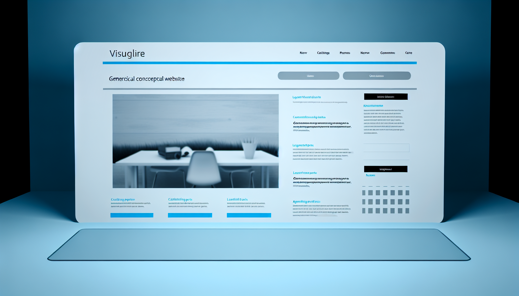 Visualisieren Sie eine generische konzeptionelle Website. Der Header hat ein minimalistisches und sauberes Design und verwendet ein kühles Blau-Farbschema. Der zentrale Teil der Seite beherbergt eine Reihe von ansprechenden Artikeln, die jeweils mit einem fesselnden Thumbnail-Bild und einem prägnanten Titel dargestellt werden. Die rechte Seitenleiste zeigt einen Kalender und einen Abschnitt für beliebte Beiträge an. Der Footer ist umfassend und enthält Links zu verschiedenen Dienstleistungen, einen Bereich für die neuesten Tweets und ein Anmeldeformular, um den Newsletter zu abonnieren. Bitte beachten Sie, dass die Website keine bestimmten Marken oder urheberrechtlich geschützten Logos anzeigen sollte.