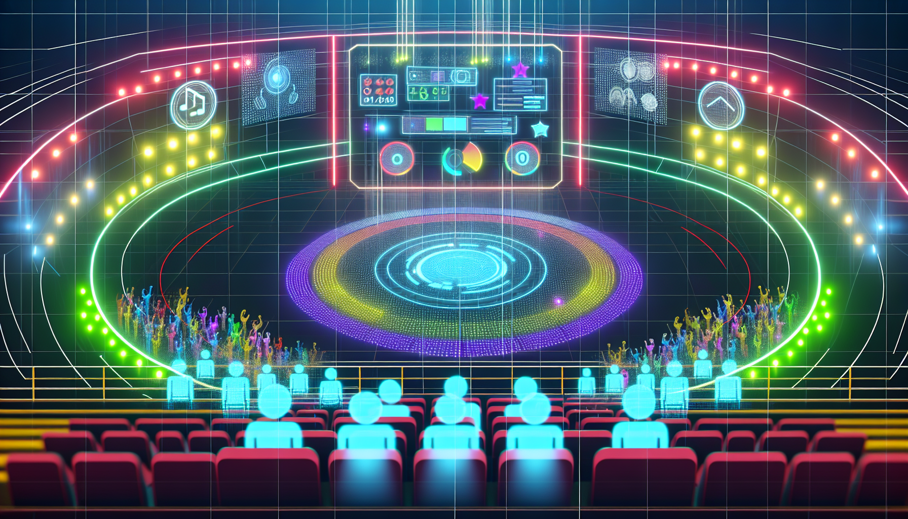 Erzeuge ein Bild einer digitalen Arena oder eines Amphitheaters, das eine Online-Plattform repräsentiert. Die Arena sollte mit bunten Lichtern gefüllt sein, mehrere interaktive Elemente wie Live-Chat-Plattformen, digitale Anzeigetafeln und einen stilvollen, modernen Look aufweisen. Es sollten holographische Zuschauer teilnehmen und jubeln, die die Online-Community repräsentieren. In der Mitte sollte eine fesselnde digitale Bühne stehen, die bereit ist, spannende Online-Events zu veranstalten.