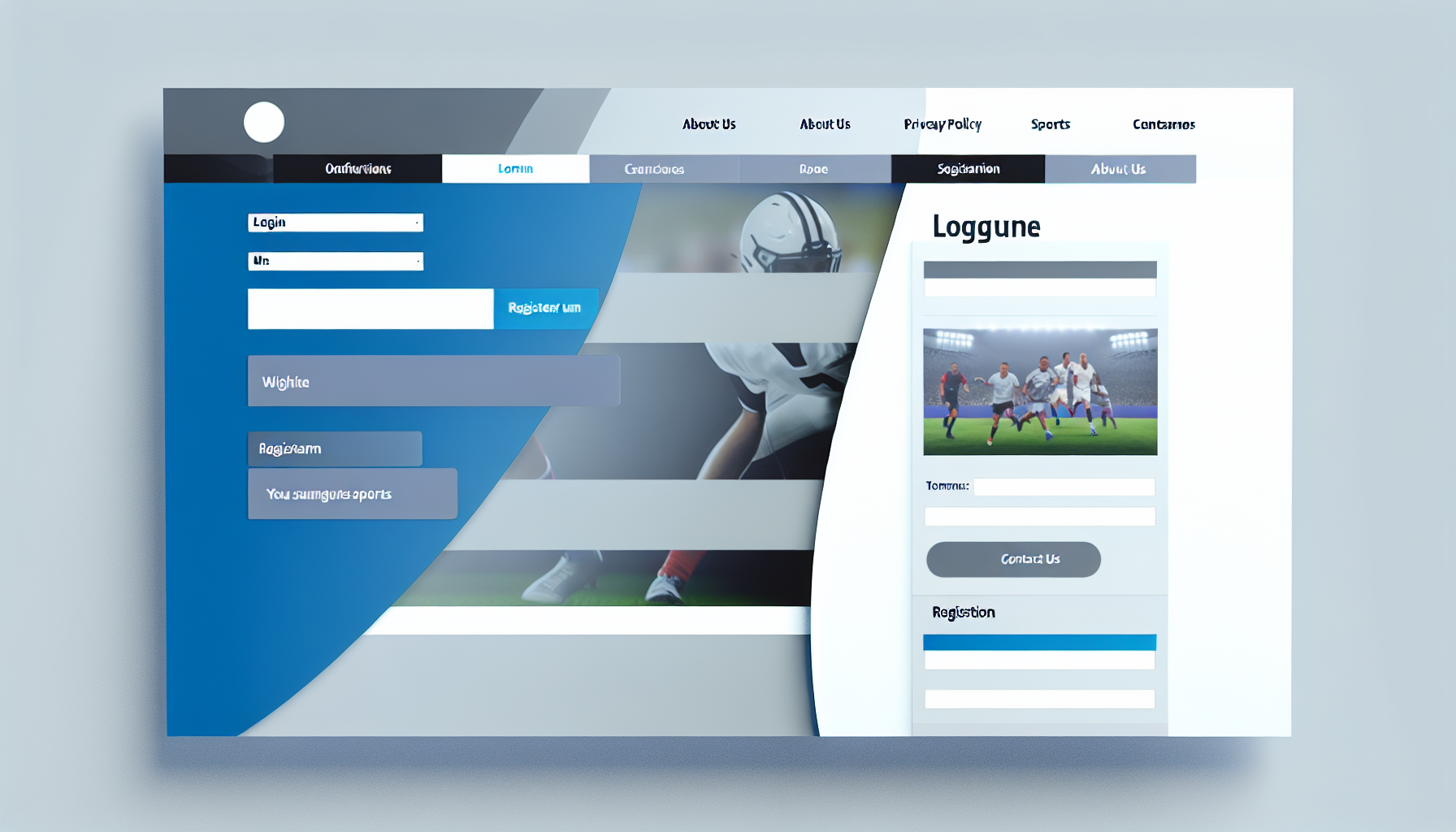 Ein Bild einer modernen, eleganten Website mit einem minimalistischen Design. Das Farbschema dreht sich um kühle Farbtöne wie Blau und Weiß. Die Startseite zeigt ein großes Banner, das verschiedene Sportereignisse präsentiert. Unter dem Banner befindet sich ein Eingabefeld für die Anmeldung und ein Registrierungsbutton. Es gibt ein ausklappbares Seitenmenü, das verschiedene Sportkategorien auflistet. Der Footer enthält Links zu den Seiten 'Über uns', 'Datenschutzrichtlinie' und 'Kontakt'.
