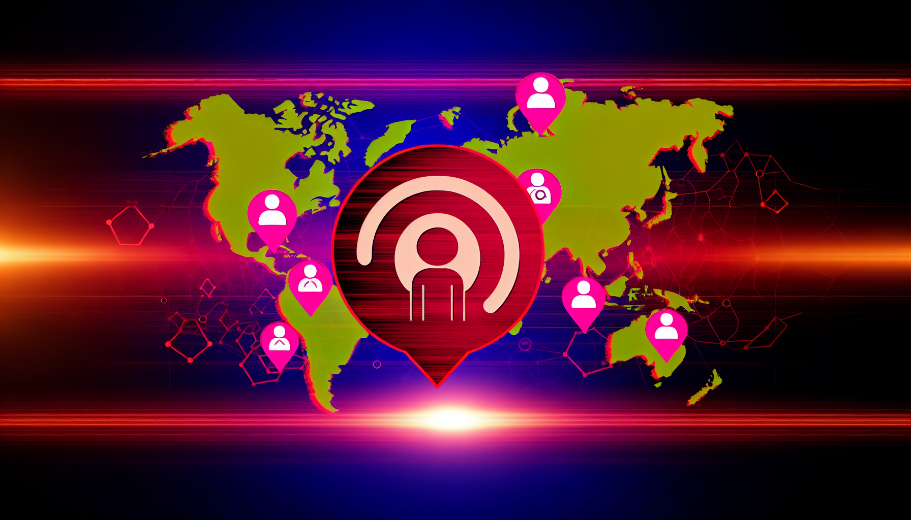 Erstellen Sie eine abstrakte Darstellung einer Online-Plattform, die eine globale Karte zeigt, auf der bedeutende Standorte angezeigt werden, an denen Benutzer interagieren. Chat-Symbole verdeutlichen die Kommunikation, während fit aussehende menschliche Figuren den Wettbewerb symbolisieren. Das Logo der Plattform sollte ein stilisiertes 'A' in einem lebhaften Rotton sein.