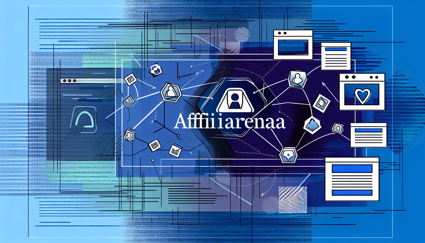 Eine illustrierte Visualisierung, die das Konzept einer Online-Plattform namens 'Affiliarena' verkörpert, mit dem Fokus auf die Verschmelzung von Technologie und Information. Integrieren Sie abstrakte Symbole wie digitale Schnittstellen, Codezeilen oder Internetbrowser-Fenster. Stellen Sie sicher, dass der Name 'Affiliarena' in stilisierter, moderner Typografie enthalten ist. Die Farbpalette sollte aus kühlen Blau- und Grautönen bestehen, um eine technologieorientierte Plattform zu signalisieren.