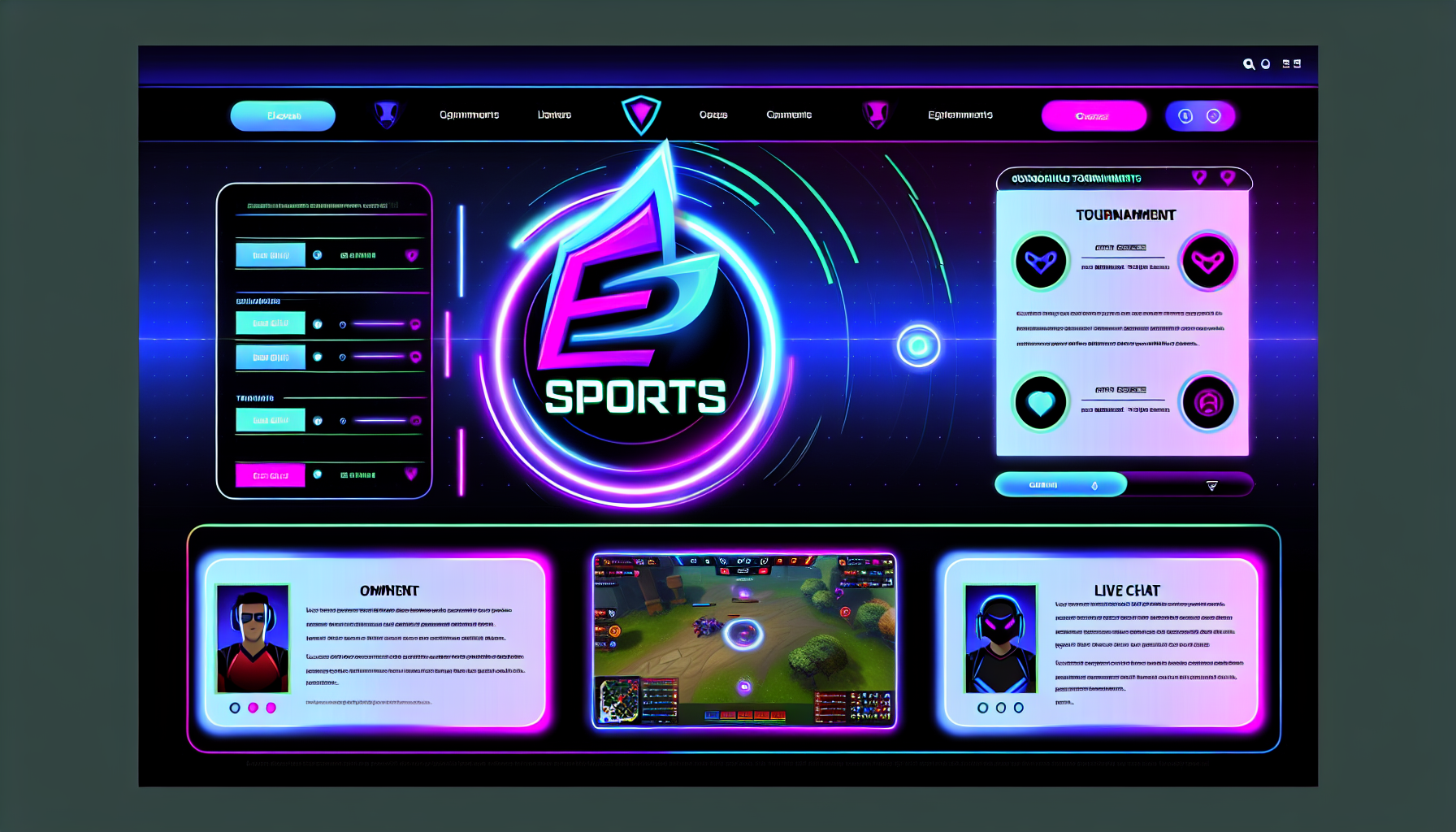 Erstellen Sie ein Bild einer digitalen Plattform, die ein E-Sport-Turnier darstellt. Das Design umfasst ein auffälliges, futuristisches Logo in der Mitte, das auf E-Sports hinweist. Auf der linken Seite der Seite befindet sich eine Liste laufender Turniere mit Namen, Preisen und Thumbnails verschiedener beliebter Spiele. Auf der rechten Seite gibt es einen Live-Chat-Bereich mit zwei Kommentaren von Zuschauern. Die Farbpalette umfasst Neon- und dunklere Farbtöne mit einer Mischung aus Blau und Lila. Die Elemente sollten in einem eleganten, modernen und benutzerfreundlichen Layout angeordnet sein.
