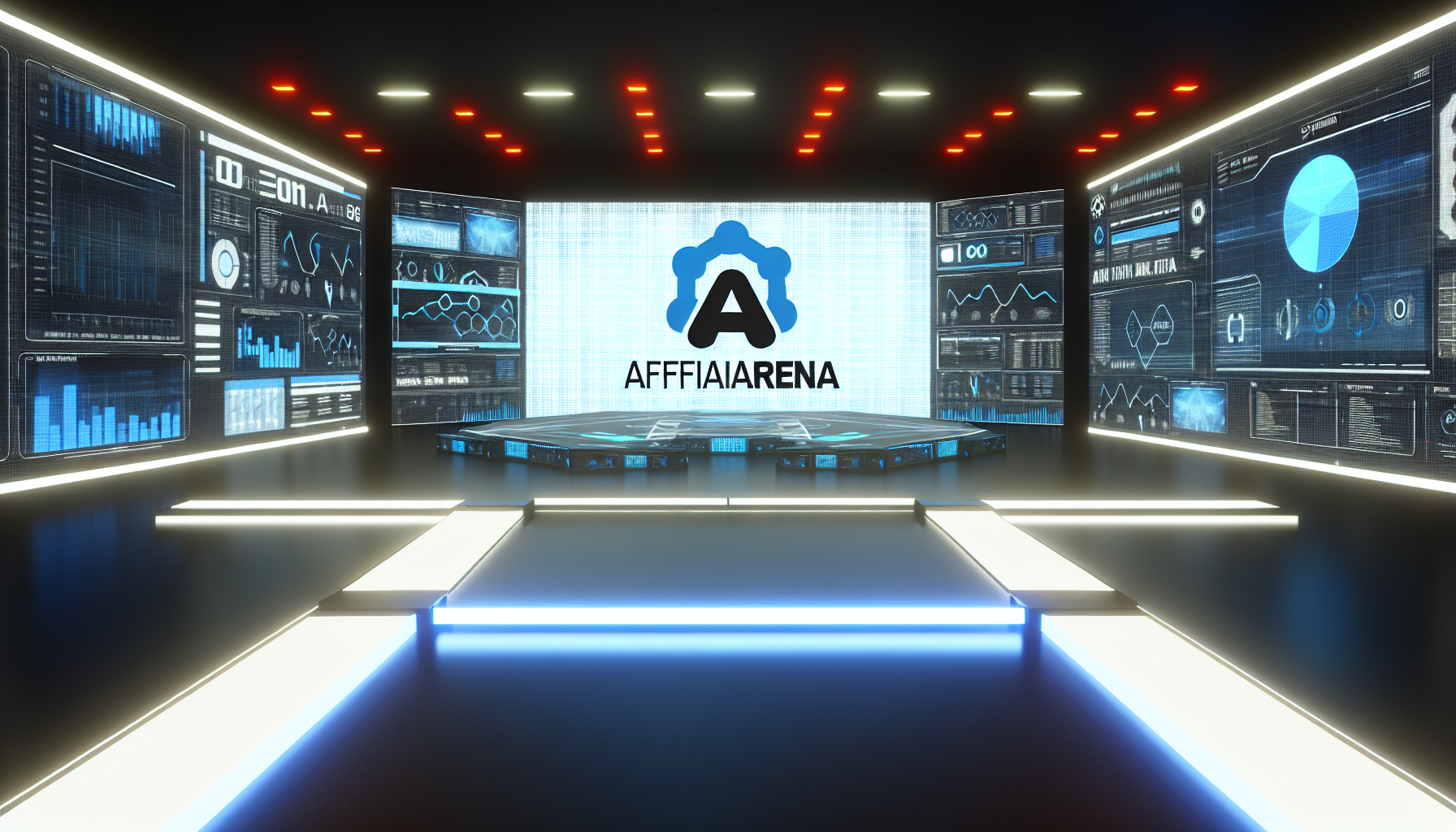 Ein Bild, das das Konzept einer digitalen Arena darstellt. Die Arena ist technologisch fortschrittlich, mit digitalen Bildschirmen, die verschiedene analytische Daten anzeigen. Die Umgebung ist von starken LED-Lichtern beleuchtet. Das Logo der Marke 'Affiliarena', das Elemente repräsentiert, die mit Affiliierung und Arenen verbunden sind, ist prominent in der Mitte der digitalen Bildschirme platziert. Die Szene ist frei von erkennbaren Personen, zeigt jedoch eine futuristische, hochmoderne Umgebung, in der Wettbewerbe stattfinden könnten.