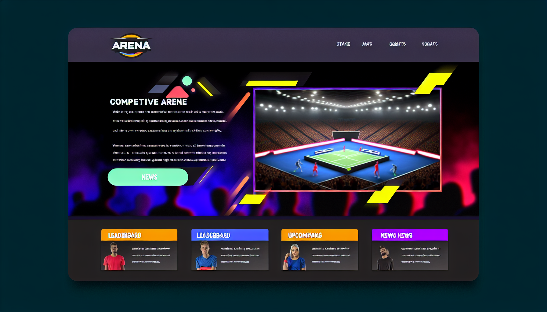 Stellen Sie sich eine generische Webseite vor, die wahrscheinlich für ein wettbewerbsorientiertes Arena-Event gedacht ist. Die Webseite hat ein dunkles Layout mit lebhaften Akzenten. Es gibt Abschnitte für die Bestenliste, bevorstehende Matches und Neuigkeiten. Die Typografie ist modern, und Sie können ansprechende Bilder von Wettbewerbern, Veranstaltungsankündigungen und Statistiken sehen. Oben befindet sich ein Markenlogo, das Elemente des Wettbewerbs und der Arena integriert.