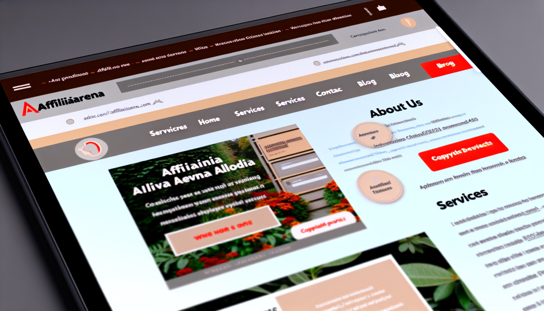 Eine Online-Webseite mit dem Titel 'AffiliArena', gestaltet mit einer auffälligen und benutzerfreundlichen Oberfläche. Oben auf der Webseite befindet sich ein klares Logo mit dem Namen 'AffiliArena'. Darunter folgt eine horizontale Navigationsleiste mit verschiedenen Optionen wie 'Startseite', 'Über uns', 'Dienstleistungen', 'Kontakt' und 'Blog'. Der Hauptteil der Webseite besteht aus detaillierten Informationen über die angebotenen Dienstleistungen, und es gibt ansprechende Banner sowie hochwertige Bilder, die mit dem Inhalt in Verbindung stehen. Auf der rechten Seite befindet sich eine Seitenleiste mit beliebten Beiträgen und einem Anmeldeformular für den Newsletter. Am Ende der Seite steht der Copyright-Hinweis und die Icons für soziale Medien.