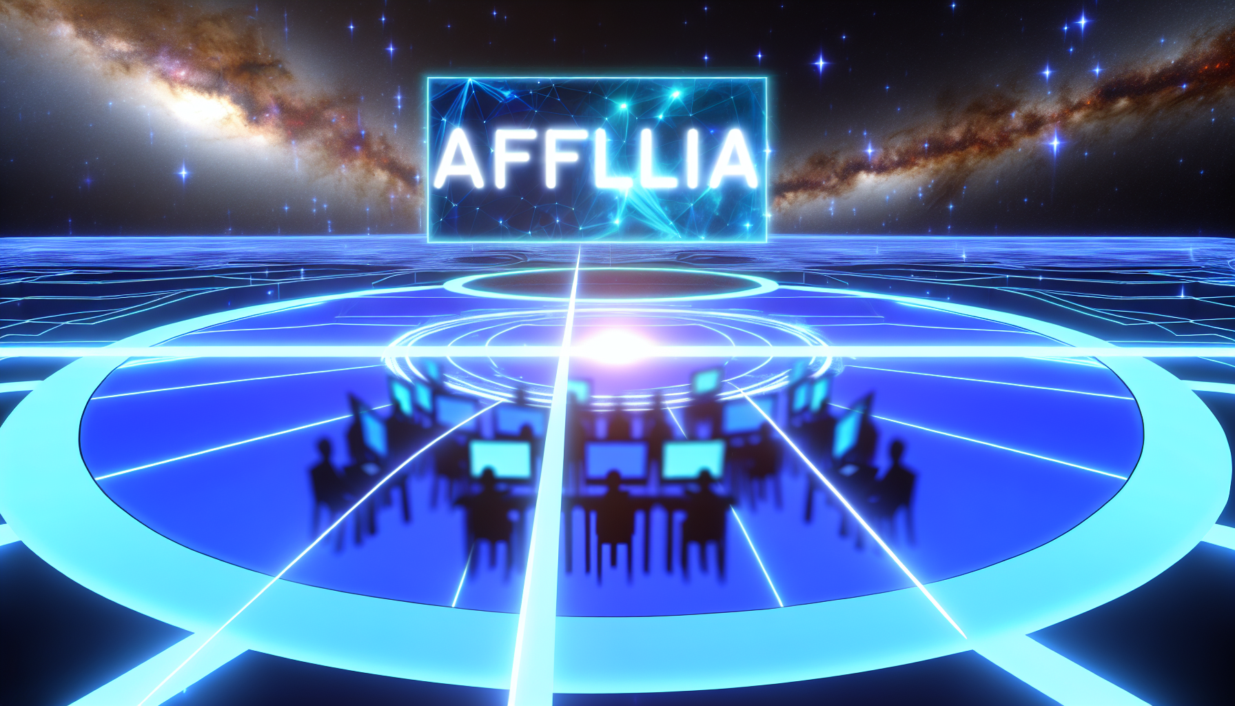 Visualisieren Sie ein abstraktes Konzept einer digitalen Arena, die eine Online-Wettkampfplattform darstellt. Sie trägt den Namen 'Affilia'. Stellen Sie einen großen, kreisförmigen Raum mit neonblauen Grenzen dar, der mit Energie pulsiert. In der Mitte der Arena projizieren Sie den holografischen Text 'Affilia' in 3D silbernen Buchstaben. Rund um die Arena zeigen Sie Silhouettenfiguren, die Benutzer oder Spieler darstellen, die den Wettbewerb beobachten und hinter hellen Computerbildschirmen sitzen. Der Hintergrund ist ein weites Universum, gefüllt mit Sternen und Galaxien, das die grenzenlose digitale Landschaft symbolisiert.
