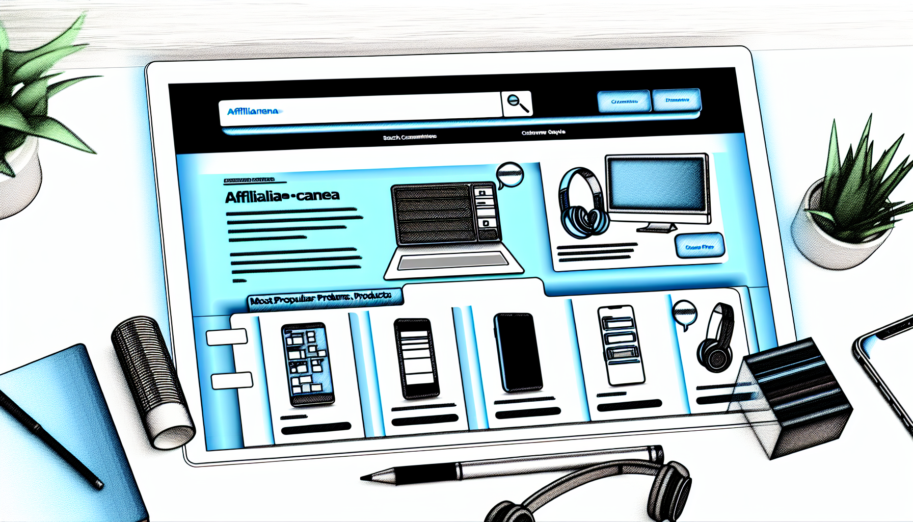 Gestalten Sie eine digitale Illustration einer hypothetischen E-Commerce-Website namens 'Affiliarena.com'. Sie sollte in einem hellen und modernen Stil dargestellt werden. Die Startseite sollte ein sauberes Layout mit einer Suchleiste oben haben, umgeben von verschiedenen Kategorien wie Elektronik, Bücher, Kleidung und mehr. Fügen Sie einen Abschnitt für 'beliebteste Artikel' hinzu, und der Rest der Seite sollte mit vorgestellten Produkten gefüllt sein. Das Farbschema sollte überwiegend aus Blau- und Weißtönen bestehen, um ein Gefühl von Vertrauen und Effizienz zu vermitteln. Schaffen Sie eine Tiefenwirkung mit überlappenden Designelementen, während Sie einen schlanken, modernen Look beibehalten.