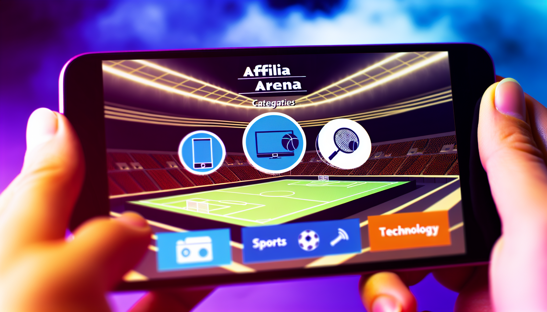 Erstellen Sie ein Bild einer lebendigen und dynamischen Website-Startseite namens affiliarena.com, die Kategorien wie Sport, Technologie und Mode präsentiert. Das Gesamtthema der Website ist eine Sportarena, wobei die visuellen Elemente dieses Thema subtil einbeziehen. Im Vordergrund sollten Symbole eingeführt werden, die jede Kategorie repräsentieren. Für Sport verwenden Sie Symbole verschiedener Sportgeräte, für Technologie Gadgets und Geräte und für Mode zeigen Sie trendige Kleidung und Accessoires. Das Farbschema sollte arena-inspiriert sein, mit einer ausgewogenen Mischung aus hellen und dunklen Blau- und Lilatönen.