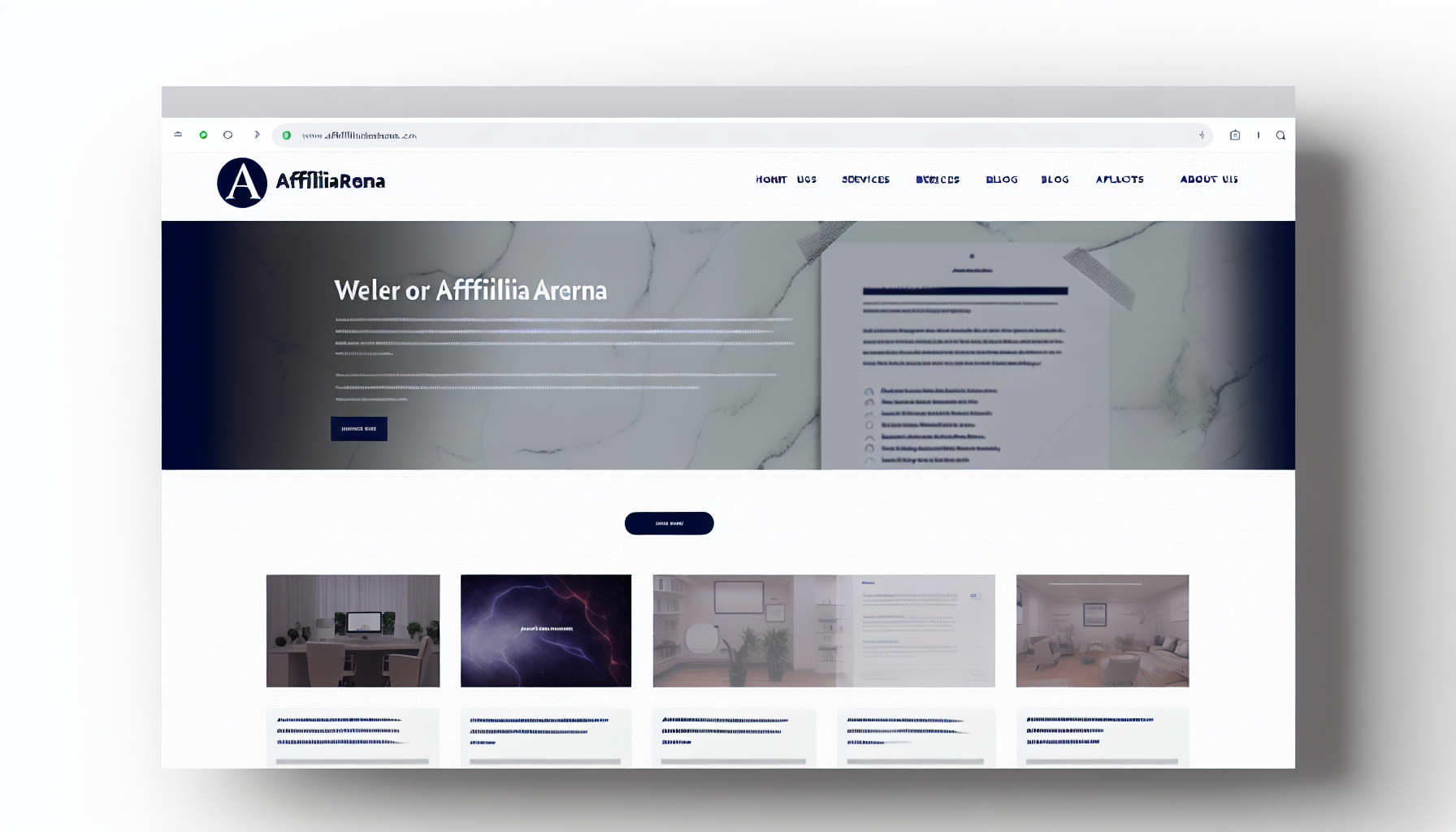 Ein Bild einer modernen Website namens 'AffiliArena'. Die Website hat ein sauberes, minimalistisches Design mit einem weißen Hintergrund. Der Name der Seite ist oben in fetten, marineblauen Buchstaben prangend. Unter dem Namen befindet sich eine Navigationsleiste mit Links zu verschiedenen Abschnitten wie 'Startseite', 'Über uns', 'Dienstleistungen', 'Blog' und 'Kontakt'. Jede Menüoption ist in Kleinbuchstaben gehalten, was das schlichte Design der Website unterstreicht. Der Hauptteil der Website zeigt ein mittelgroßes Banner mit einem abstrakten Bild, das ein neues Produkt bewirbt. Auf der rechten Seite gibt es eine organisierte Liste von aktuellen Blogbeiträgen mit kleinen Vorschaubildern und Titeln.
