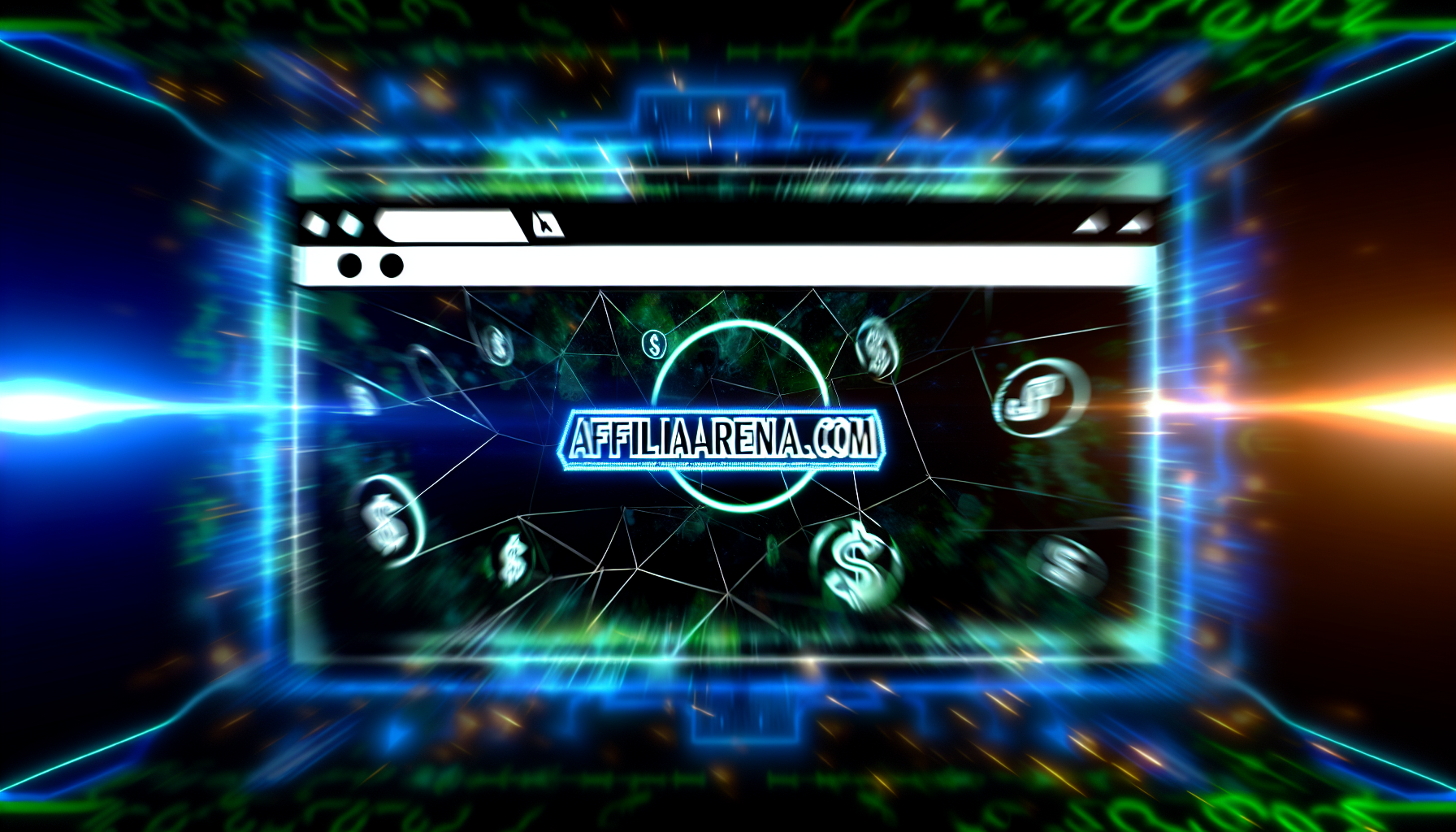 Visualisieren Sie eine Online-Web-Domain, die eine digitale, futuristische Atmosphäre ausstrahlt. Der Webseitenname affiliarena.com ist prominent in der Mitte des Bildes platziert. Das Bild sollte Farben zeigen, die in der Tech-Welt dominieren, wie elektrisches Blau und Schwarz. Neon-grüne Funken können ebenfalls im Hintergrund tanzen. Die digitale Anziehungskraft der Seite sollte durch Symbole, die das Affiliate-Marketing repräsentieren, wie ein Verbindungsnetz, Kettenglieder und Dollarzeichen, unterstrichen werden. Das Design kann abstrakt sein und schlanke Linien sowie geometrische Muster einbeziehen, um das Netzwerk und die technologischen Komplexitäten darzustellen, die mit modernem Online-Affiliate-Marketing verbunden sind.