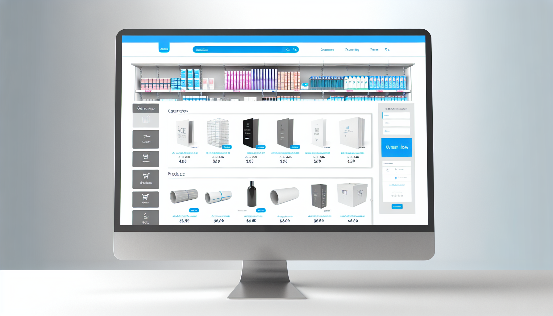 Eine E-Commerce-Website mit einer modernen und intuitiven Benutzeroberfläche. Die Website, genannt 'affiliarena', hat einen weiÃen Hintergrund und ein einfaches, elegantes Design mit einer Navigationsleiste oben, die verschiedene Kategorien anzeigt. Die Startseite verfügt über ein groÃes Banner mit einem verlockenden Angebot oder Deal. Auf der linken Seite sind verschiedene Produktkategorien vertikal aufgelistet, während die Produkte selbst in Form von Thumbnails in der Mitte der Seite angezeigt werden. Auf der rechten Seite befindet sich ein Einkaufswagen-Symbol und ein Benutzerkonto-Button. Die dominierenden Farben sind Blau und Grau, die Vertrauen und Neutralität symbolisieren.