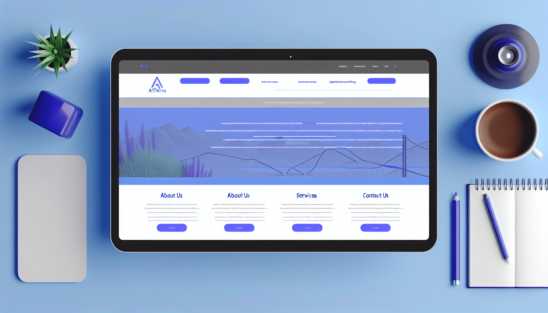 Erstellen Sie ein Bild einer Website-Startseite mit einem sauberen, modernen Design. Die Seite heißt 'AffiliArena'. Das Farbschema besteht überwiegend aus Blau- und Weißtönen. In der Mitte befindet sich ein großes Banner, das einen Text über Affiliate-Marketing anzeigt. Unter dem Banner gibt es mehrere Abschnitte, darunter 'Über uns', 'Dienstleistungen' und 'Kontakt'. Der Abschnitt 'Über uns' enthält eine kurze Beschreibung des Unternehmens und seiner Mission. Der Abschnitt 'Dienstleistungen' zeigt einen Überblick über die angebotenen Dienstleistungen. Schließlich enthält der Abschnitt 'Kontakt' ein einfaches Kontaktformular.