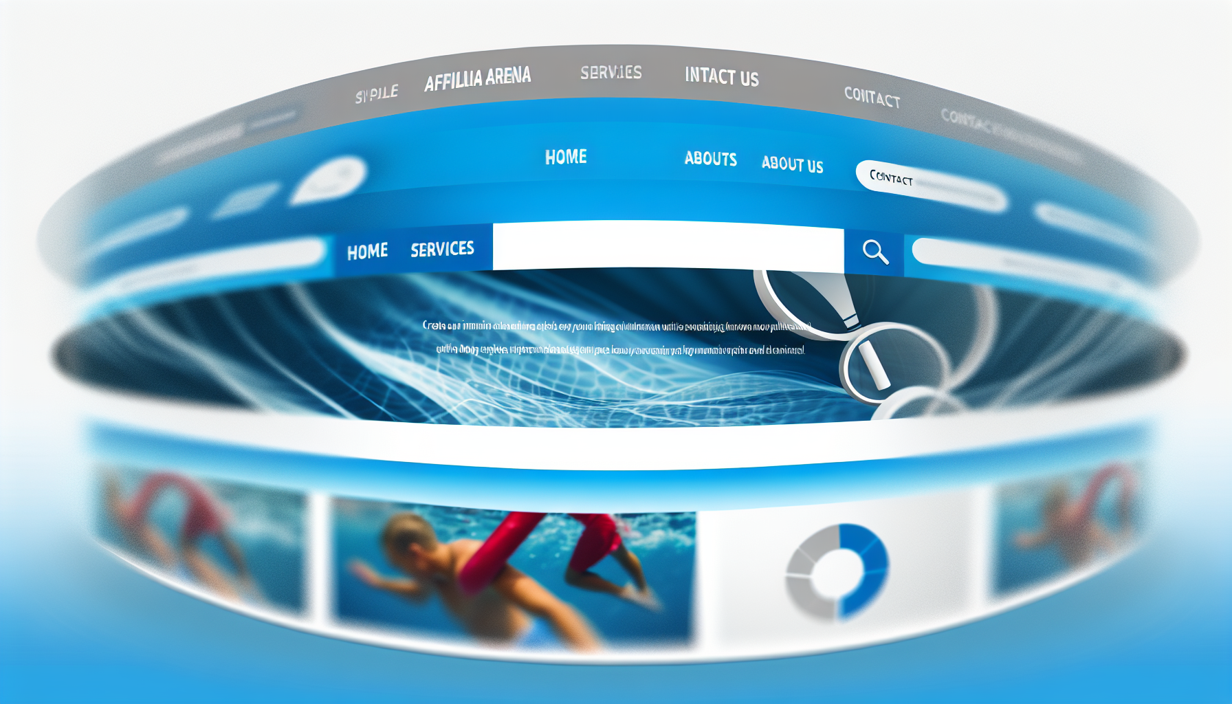 Erstellen Sie ein Bild einer immersiven und interaktiven Website-Startseite. Das Design sollte eine moderne und intuitive Benutzeroberfläche widerspiegeln, wobei Blau und Weiß die dominierenden Farben sind. Die Startseite enthält eine Suchleiste in der Mitte, obere Header mit den Bezeichnungen 'Startseite', 'Dienstleistungen', 'Über uns' und 'Kontakt', sowie ein rotierendes Karussell, das verschiedene Bilder im Zusammenhang mit Sport und Fitness zeigt. Unten ist ein Text zu sehen, der die Domain 'affiliarena.com' repräsentiert.