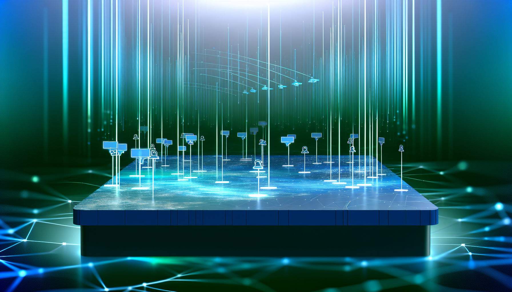 Erstellen Sie eine konzeptionelle Darstellung einer digitalen Arena, in der Unternehmen netzwerken und zusammenarbeiten können. Die Szene sollte eine virtuelle Landschaft aus miteinander verbundenen Plattformen zeigen, die verschiedene Unternehmen symbolisieren und aus einer glatten, neonbeleuchteten Oberfläche emporsteigen. Am Rand der Landschaft sollte der virtuelle Raum in konvergierende Linien von Datenströmen im Hintergrund übergehen. Das allgemeine Farbschema der Szene sollte kühl und futuristisch sein, hauptsächlich in Blau- und Digitalgrüntönen.