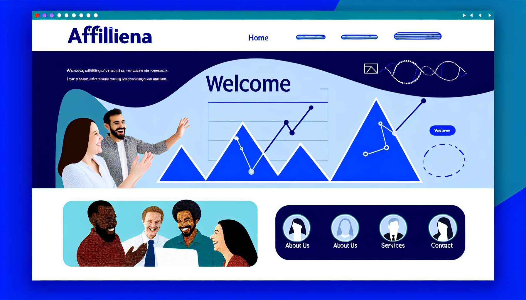 Eine Illustration einer Website-Startseite, mit einem Hauptnavigationsmenü, das Optionen wie 'Startseite', 'Über uns', 'Dienstleistungen', 'Kontakt' enthält. Der Webseitenname 'AffiliArena' wird prominent in moderner Typografie in der Mitte oben auf der Seite angezeigt. Das Grundfarbschema ist eine Mischung aus tiefen Blautönen und Weiß. Auf der Hauptseite befindet sich ein Willkommensbild, das eine Gruppe von vielfältigen Menschen zeigt, die glücklich über ein Diagramm auf einem digitalen Bildschirm diskutieren. Jede Person hat eine andere Herkunft - eine kaukasische, eine hispanische und eine dritte mit mittlerer Herkunft.