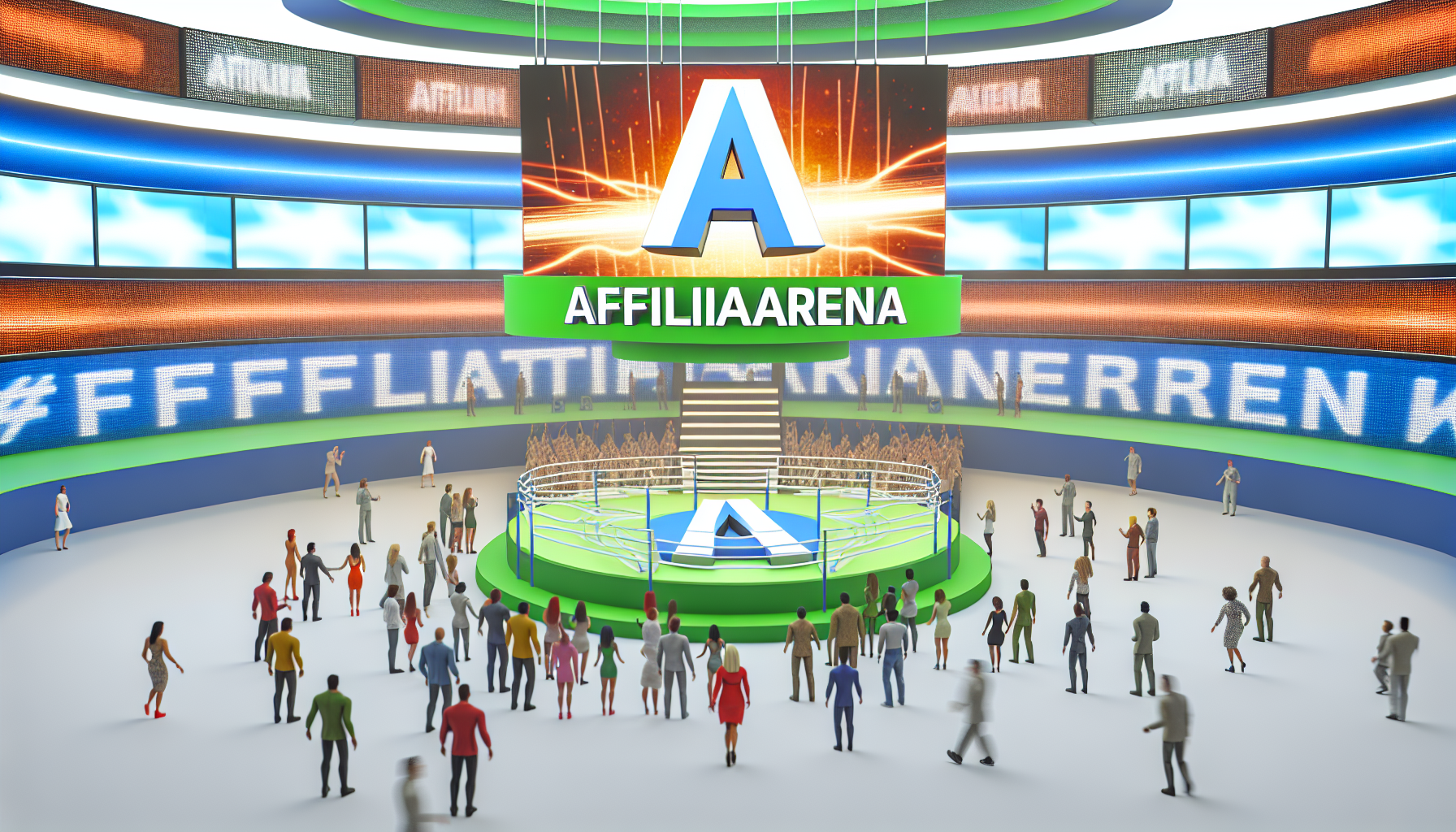 Ein konzeptionelles Bild einer dynamischen und interaktiven Arena namens 'affiliarena', mit 3D-Buchstaben des Website-Namens auf der zentralen Bühne. Die Wände der Arena sind mit digitalen Bildschirmen geschmückt, die aufregende Grafiken zum Thema Affiliate-Marketing zeigen. Rund um die Bühne stehen zufällige Menschen verschiedener Herkunft und Geschlechter, die jubeln und an Diskussionen teilnehmen. Die Umgebung ist modern und lebhaft, mit heller Beleuchtung, die die Energie und den Trubel des Ortes betont.