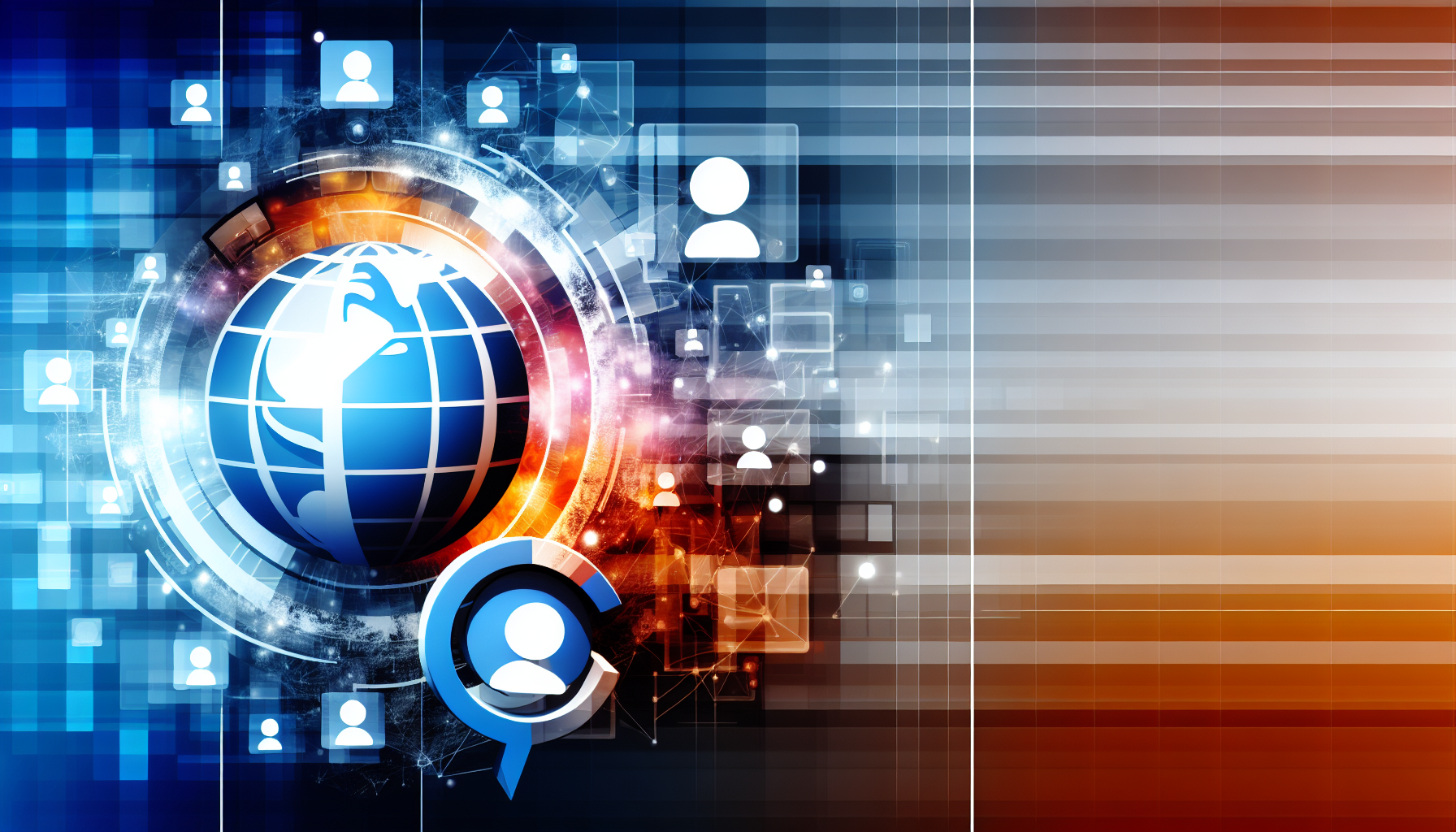 Ein abstraktes Bild, das eine moderne Online-Plattform darstellt. Der Hauptfokus liegt auf einem stilisierten Globus, der eine globale Verbindung anzeigt. Er ist umgeben von symbolischen Icons, die verschiedene Funktionen repräsentieren, die häufig in Online-Plattformen zu finden sind, wie Benutzerprofile, Chatfenster, Benachrichtigungen und Einstellungen. Das Gesamtbild wirkt zeitgemäß, mit einem digitalen, technologieorientierten Flair. Die Farbpalette dreht sich um kühle Blautöne, mit lebhaften Orangetönen für Akzente, unterstrichen von eleganten metallischen Tönen, um eine moderne Atmosphäre zu vermitteln.