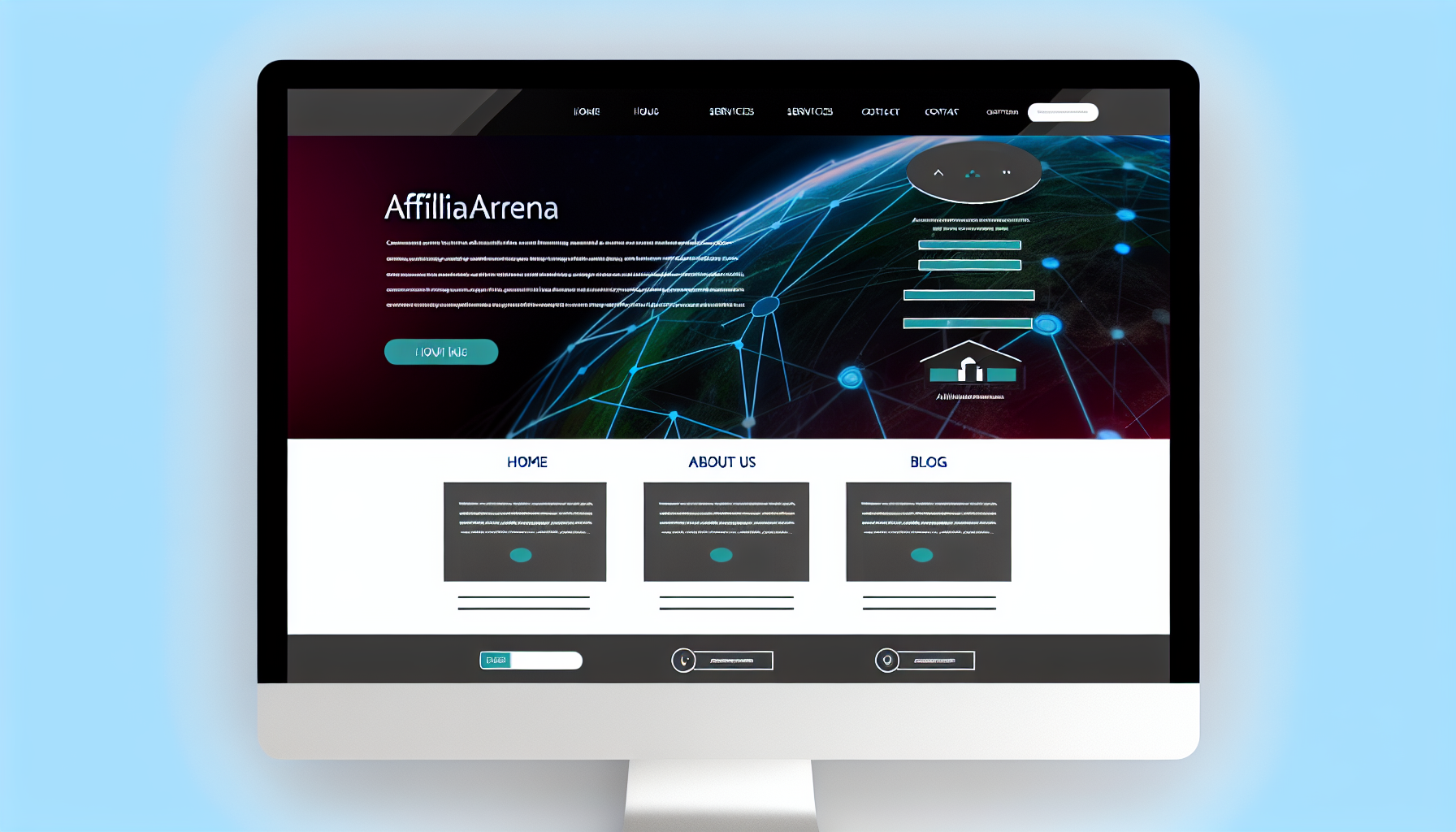 Erstellen Sie ein Bild eines konzeptionellen Website-Layouts. Der Webseitenname ist 'Affiliarena'. Es hat ein modernes und elegantes Design mit einem professionellen Appeal. Dominierende Farben sollten dunkle Töne sein, und es sollte im Navigationsbereich Seitenabschnitte wie Startseite, Über uns, Dienstleistungen, Blog und Kontakt enthalten. Die Hauptseite verfügt über ein großes Werbebanner, das den Zweck der Seite erklärt. Ergänzen Sie das Layout mit relevanten Grafiken und Symbolen.