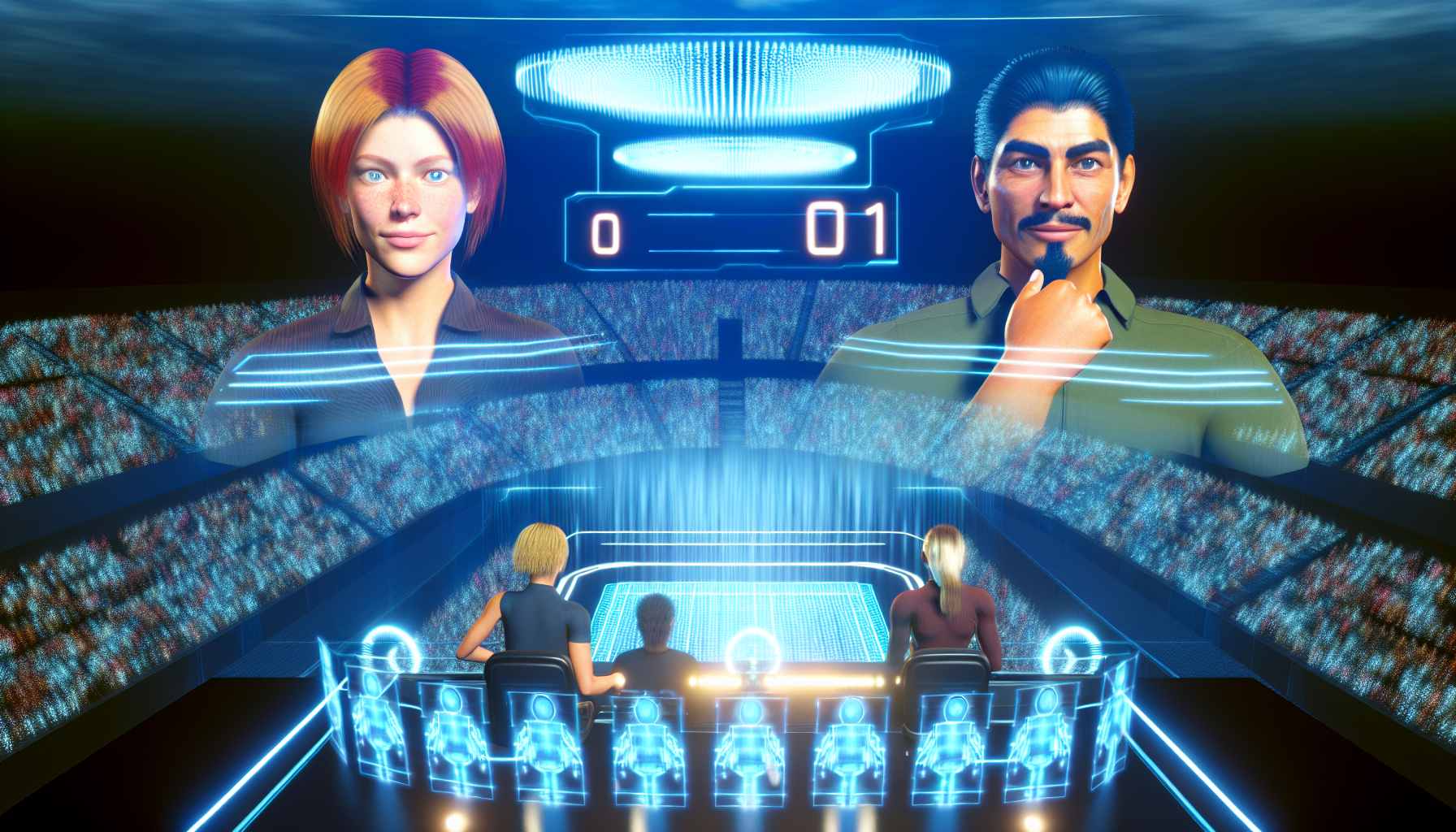 Erstelle ein Bild einer virtuellen Arena. Die Atmosphäre sollte von intensiver Konkurrenz geprägt sein. Um die Arena herum sollte ein Meer aus digitalen Zuschauern sichtbar sein, die als leuchtende humanoide Figuren dargestellt werden. In der Mitte stehen zwei Herausforderer: eine kaukasische Frau mit kastanienbraunem Haar und ein männlicher Mittelöstler mit Schnurrbart, beide extrem fokussiert. Der Boden der Arena sollte kurz davor sein, sich zu erleuchten, um den Beginn des Wettbewerbs anzuzeigen. Unterstreiche die Spannung und Aufregung mit strahlenden Lichtpulsen und einer futuristischen Anzeigetafel über ihnen.