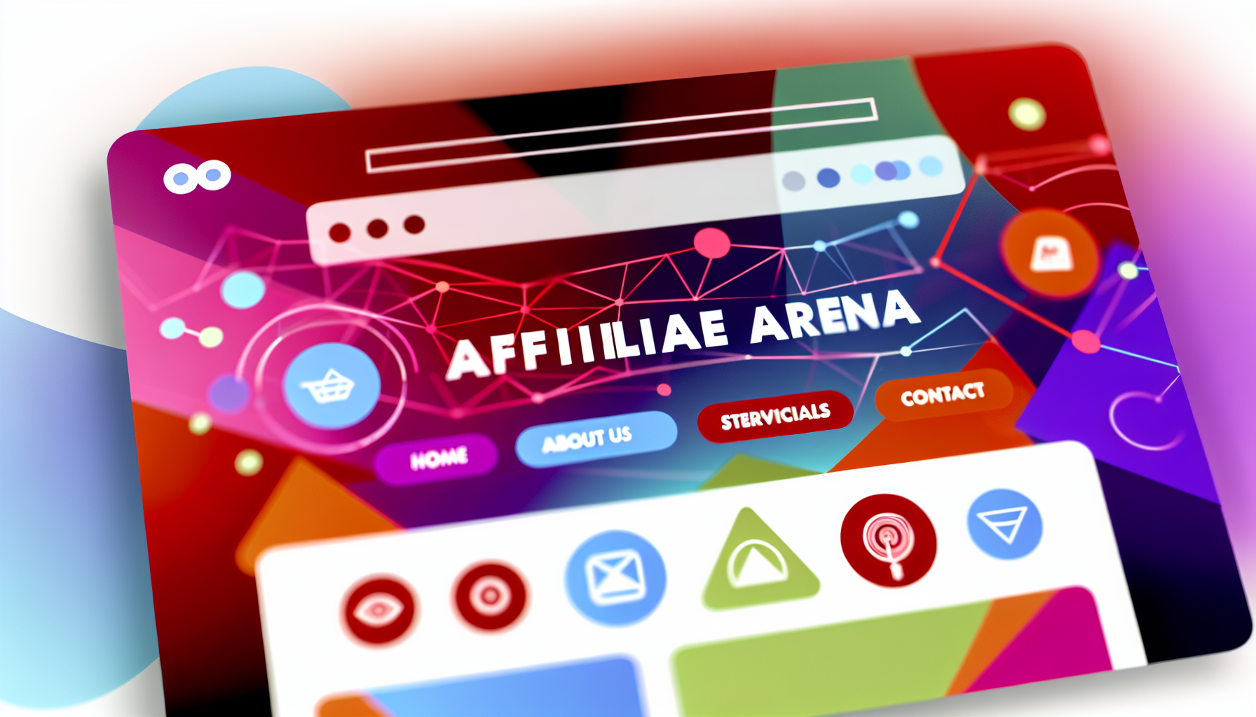 Gestalten Sie eine kreative und farbenfrohe Website-Startseite mit dem Namen 'Affiliarena.com', der prominent angezeigt wird. Integrieren Sie einige abstrakte geometrische Designs und mehrere interaktive Schaltflächen zur Navigation, wie 'Startseite', 'Über uns', 'Dienstleistungen', 'Kundenbewertungen' und 'Kontakt'. Um die digitale Natur der Seite zu verdeutlichen, fügen Sie stilisierte Darstellungen von digitalen Marketingkonzepten wie SEO, Affiliate-Marketing und Social-Media-Promotionen hinzu.