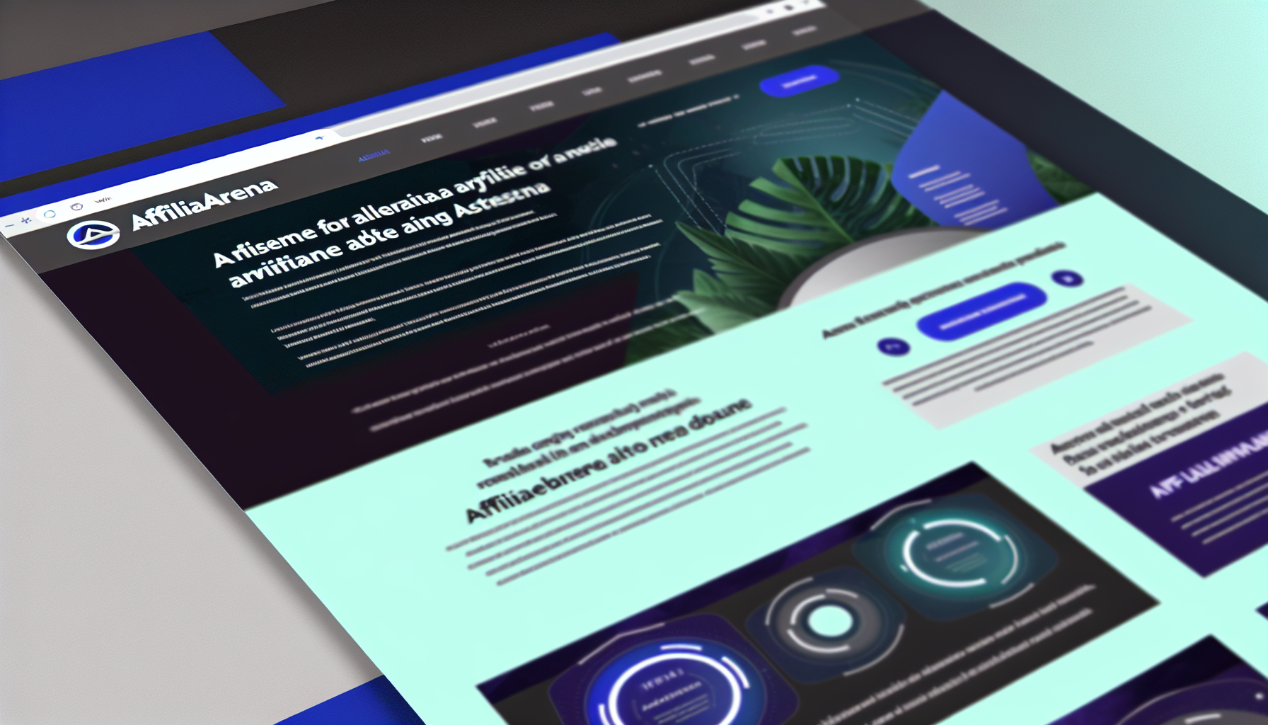Ein Bild, das das Design einer interaktiven Website zeigt. Die Seite mit dem Namen 'AffiliArena' bietet eine Vielzahl von Dienstleistungen und Bereichen, darunter einen Bereich für die neuesten Nachrichten, ein Forum zum Teilen von Gedanken und Ideen sowie eine robuste Plattform für Affiliate-Marketing-Aktivitäten. Das Layout der Seite ist benutzerfreundlich und modern, mit ansprechenden Farben wie Indigo, Türkis und Silber. Visuelle Navigationselemente leiten die Besucher durch die verschiedenen Abschnitte, und die Startseite bietet ansprechende Grafiken und auffällige Typografie.