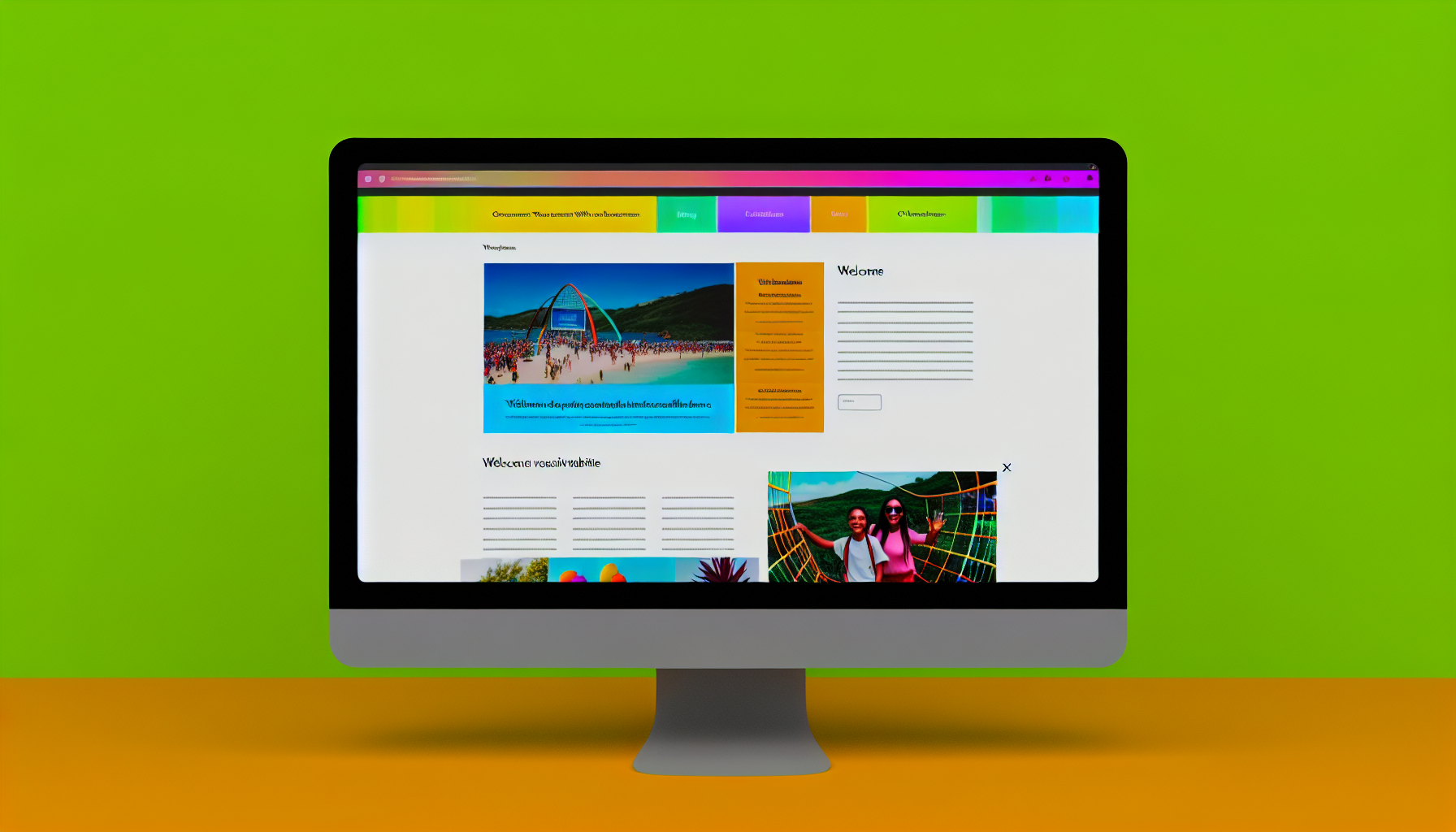 Erstellen Sie ein Bild einer lebendigen und zugänglichen Website. Die Website sollte große, gut lesbare Texte und viel weißen Raum für eine klare Sichtbarkeit enthalten. Sie sollte einen bunten Header mit dem Logo der Website, einer Navigationsleiste und einem Willkommensbanner aufweisen. An der Seite sollten Vorschau-Bilder verschiedener Inhalte/Artikel angezeigt werden. Insgesamt sollte sie eine professionelle, aber benutzerfreundliche Atmosphäre ausstrahlen.